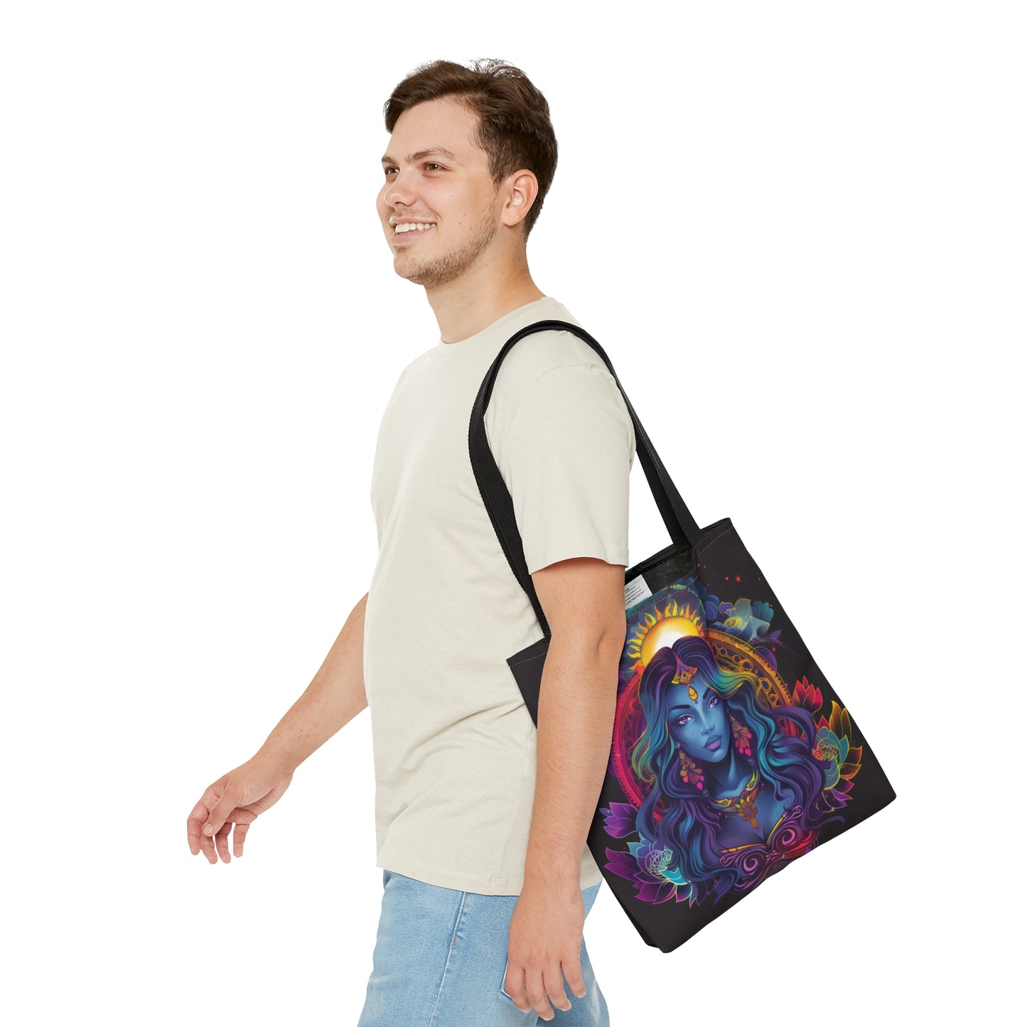 Cosmic Goddess Polyester Tote Bag (Double Sided), Electric Mandala Aesthetic, Galactic Neon Style Fashion, 3 Sizes, Black Handles