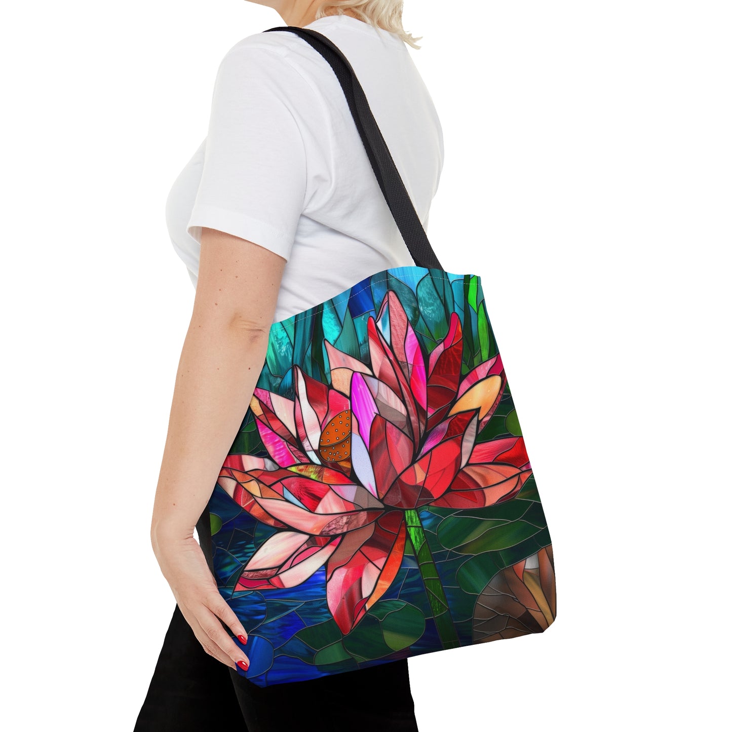 Stained Glass Lotus Elegance Tote Bag with Black Handles, Vibrant Floral Carryall, Chic Accessory for Stylish Outings & Market Visits