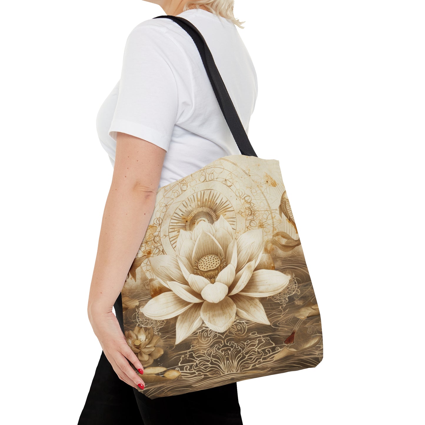 White Lotus Blossom Double Sided Tote Bag, Ancient Occult Aesthetic, Zen Nature Fashion Style, 3 Sizes, Black Handles