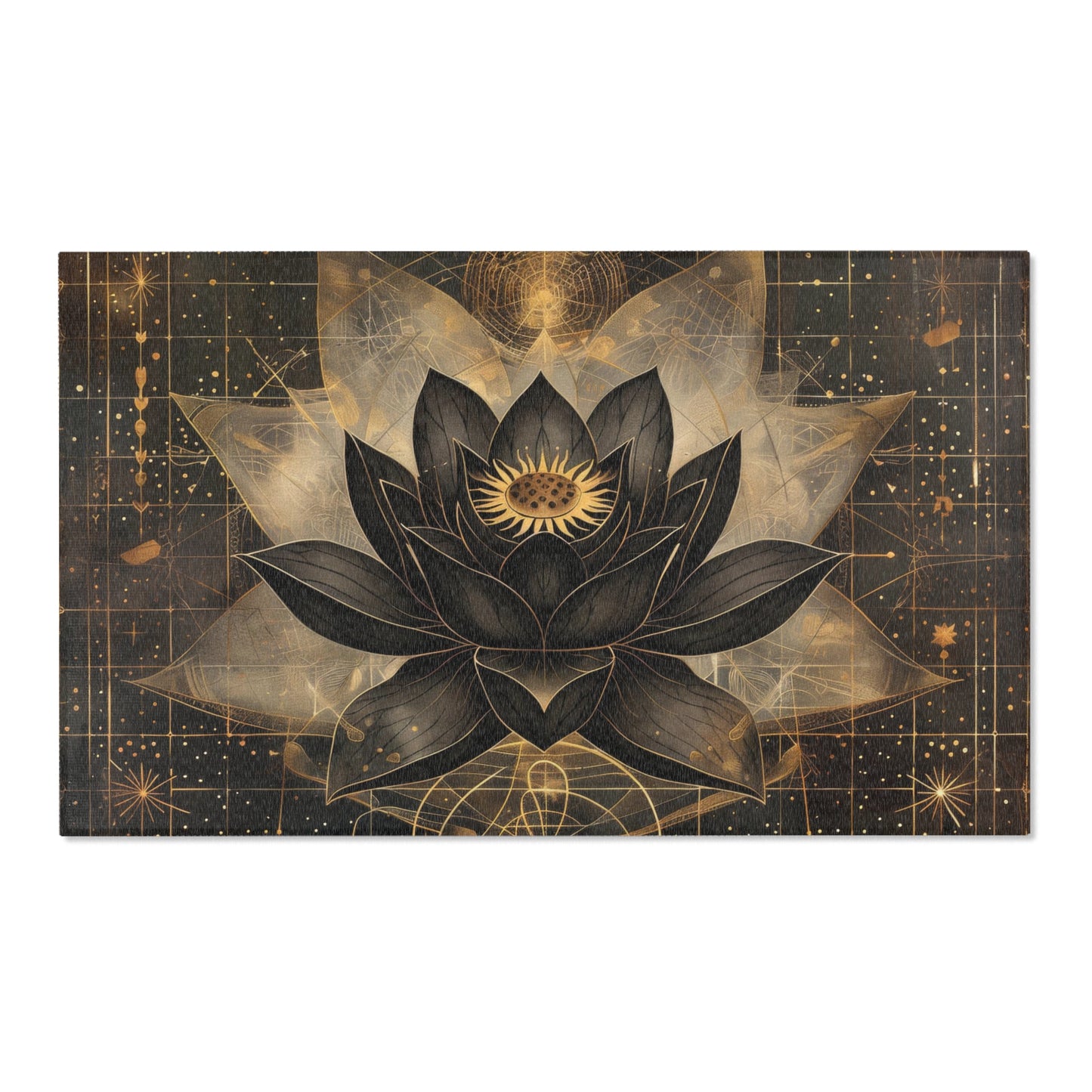 Black Lotus Blossom Polyester Chenille Area Rug (3 Sizes), Sacred Geometry Aesthetic, Dark Occult Bedroom, Living Room & Dorm Room Decor