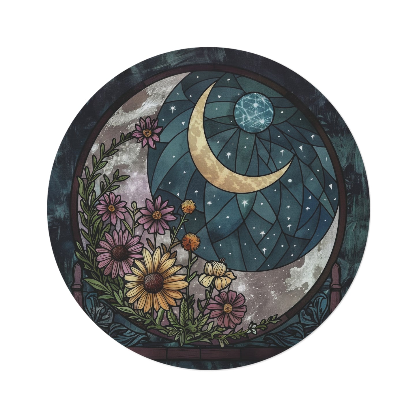 Crescent Moon and Blooms Stained Glass Chenille Rug, Enchanted Night Floral Circle Mat, Serene Home Decor for Living and Sleep Spaces
