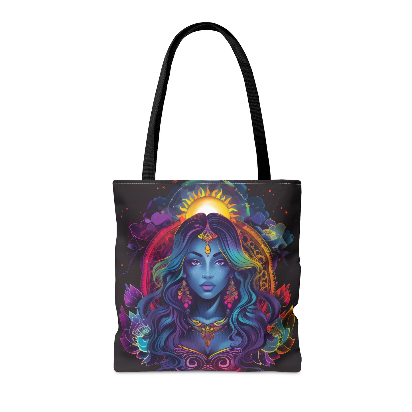 Cosmic Goddess Polyester Tote Bag (Double Sided), Electric Mandala Aesthetic, Galactic Neon Style Fashion, 3 Sizes, Black Handles