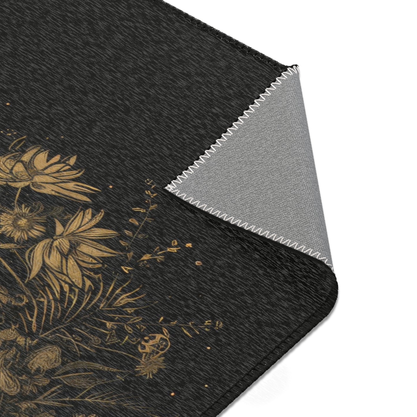 Gold Crescent Moon & Wildflower Mandala Polyester Chenille Area Rug (3 Sizes), Dark Cottagecore Design, Witchy Lunar Aesthetic Room Decor