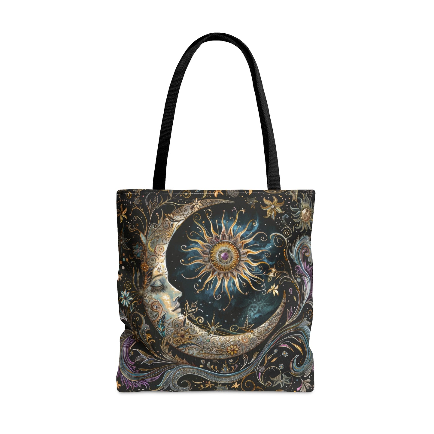 Crescent Moon & Sun Polyester Tote Bag (Double Sided), Art Nouveau and Mystical Folk Inspired, Available in 3 Sizes with Black Handles