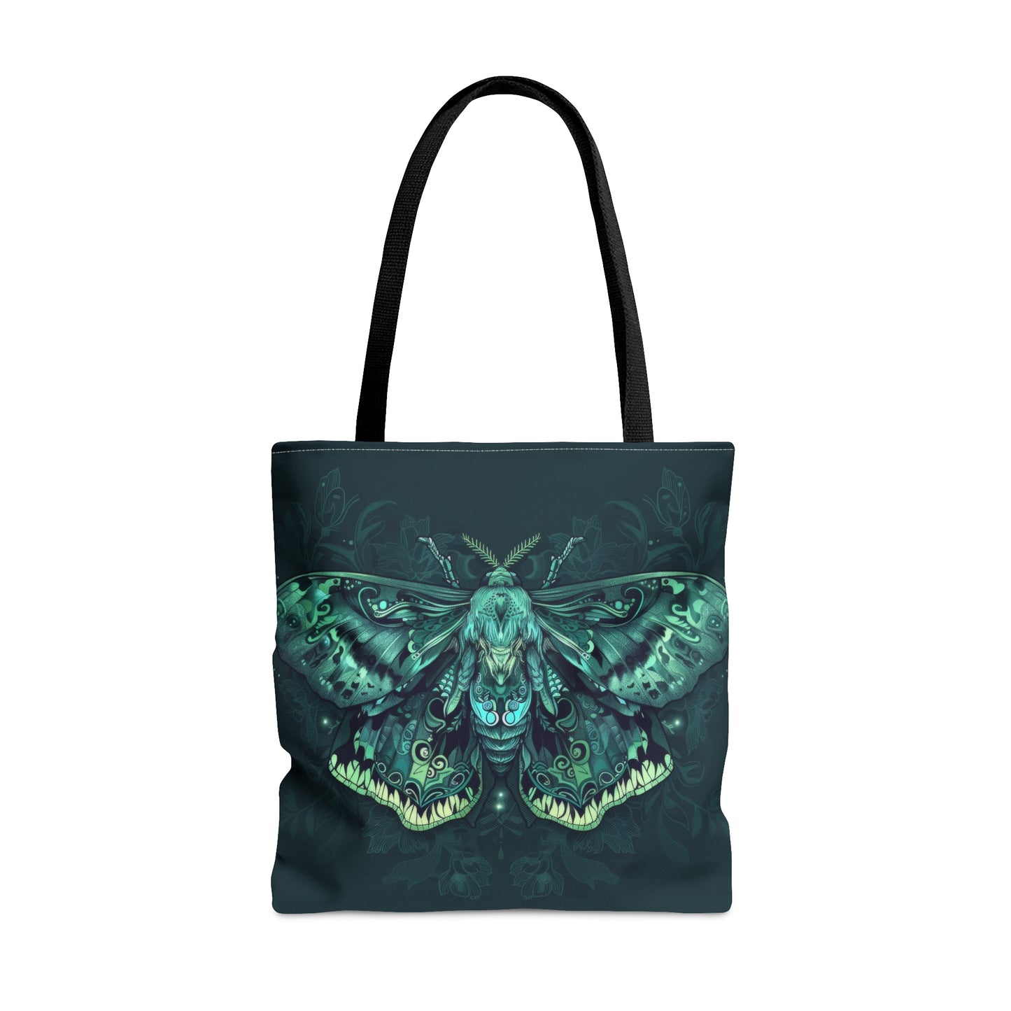 Lunar Moth Polyester Tote Bag (Double Sided), Emerald Inspired Design, Green Neon Style Fashion, 3 Sizes, Black Handles