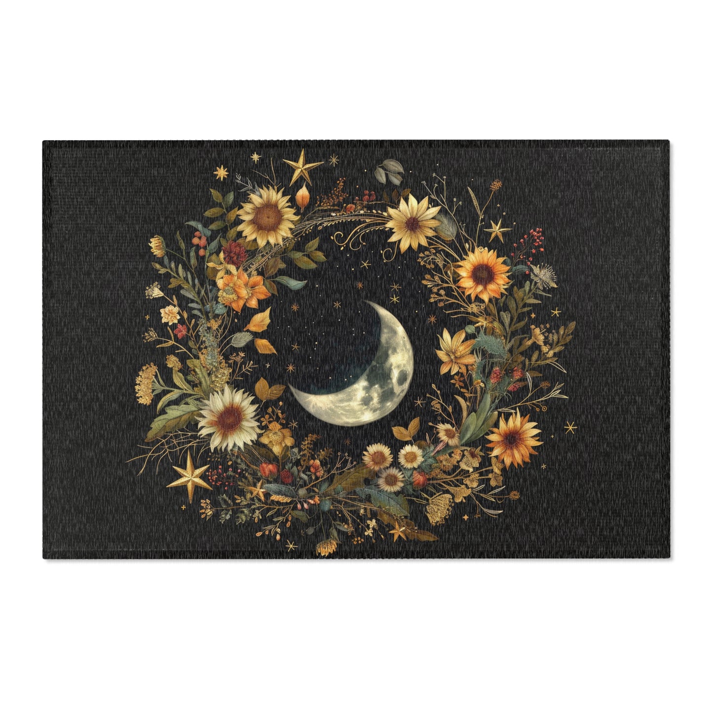 Crescent Moon & Wildflower Mandala Polyester Chenille Area Rug (3 Sizes), Dark Cottagecore Design, Witchy Lunar Aesthetic Room Decor