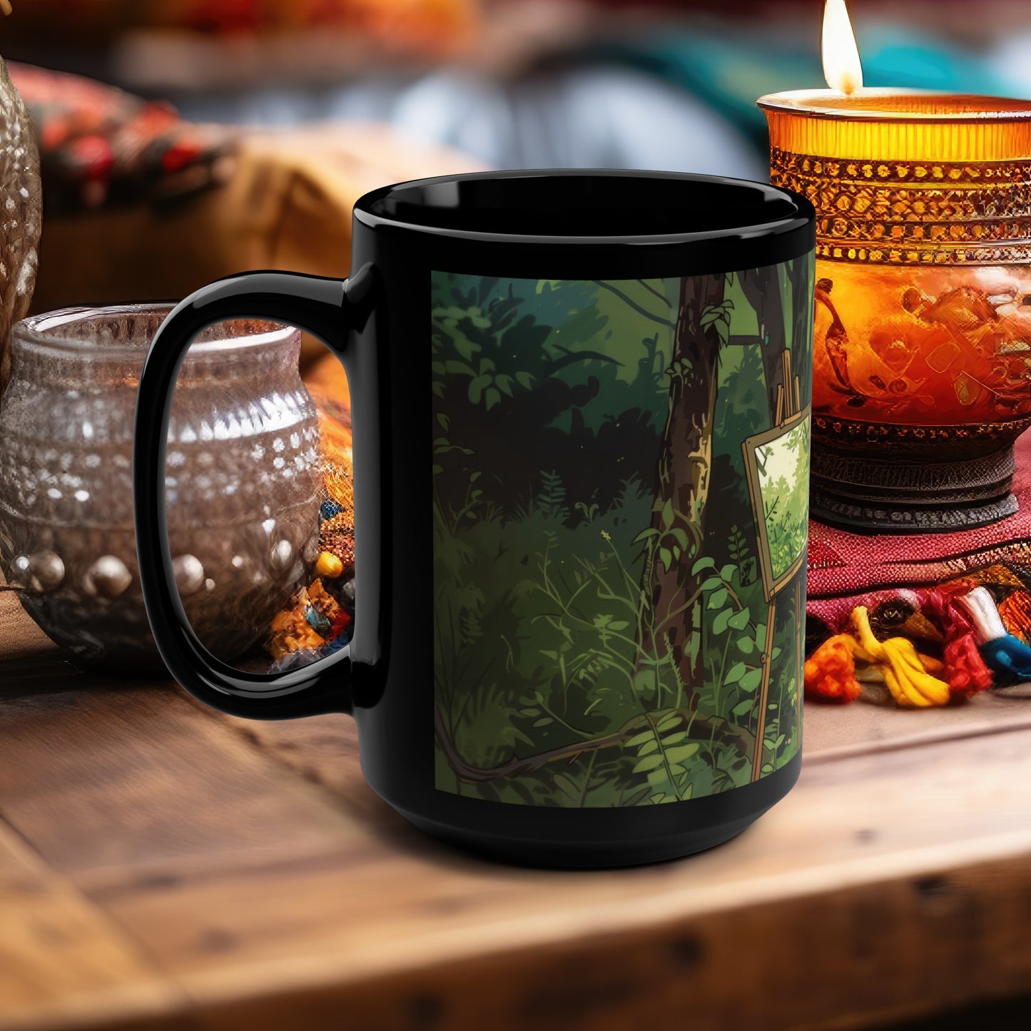 Skeleton Painting Landscape 15oz Coffee Mug, Dark Cottagecore Design, Gothic Folk Style Lover Tea Mug, Gift For Her, Black Handle