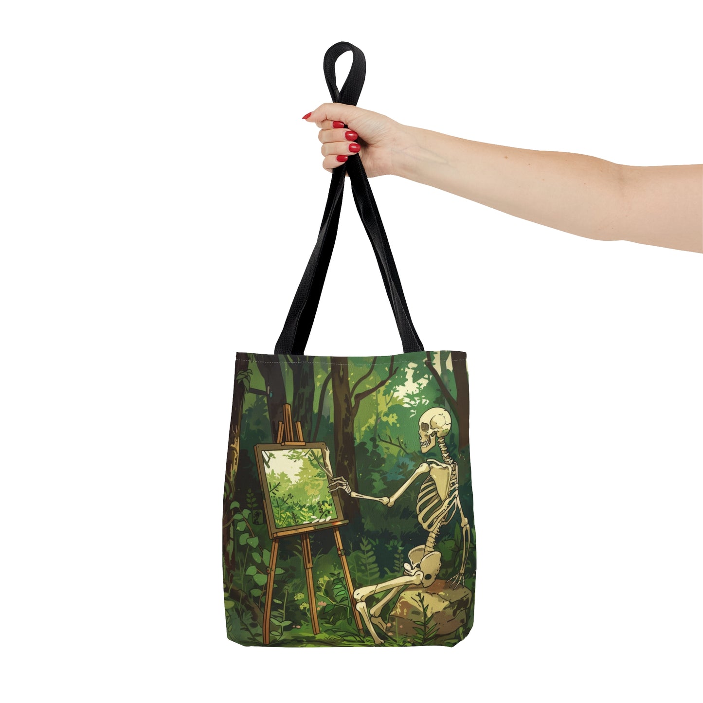 Skeleton Painting Landscape Polyester Tote Bag (Double Sided), Dark Cottagecore Design, Gothic Folk Style Fashion, 3 Sizes, Black Handles