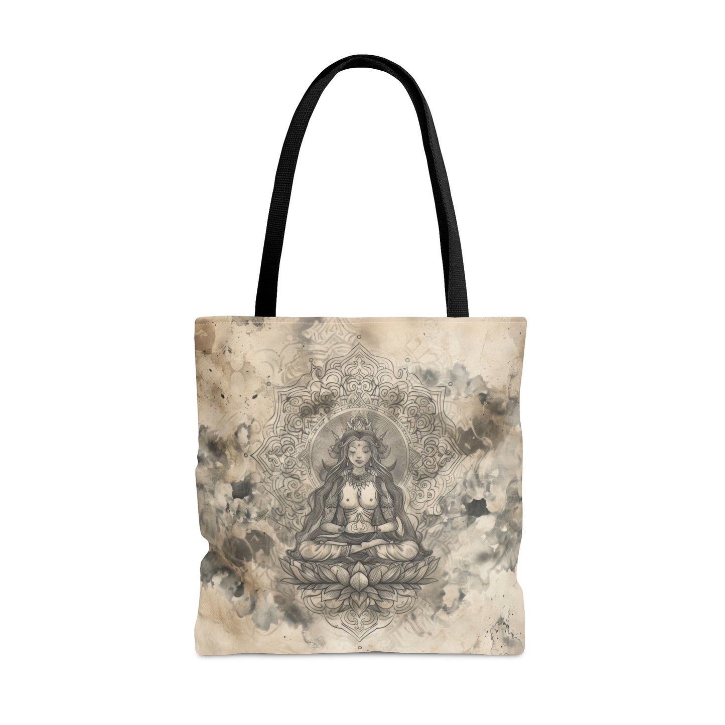 Air Goddess Polyester Tote Bag (Double Sided), Zen Nature Aesthetic, Sacred Geometry Style Fashion, 3 Sizes, Black Handles