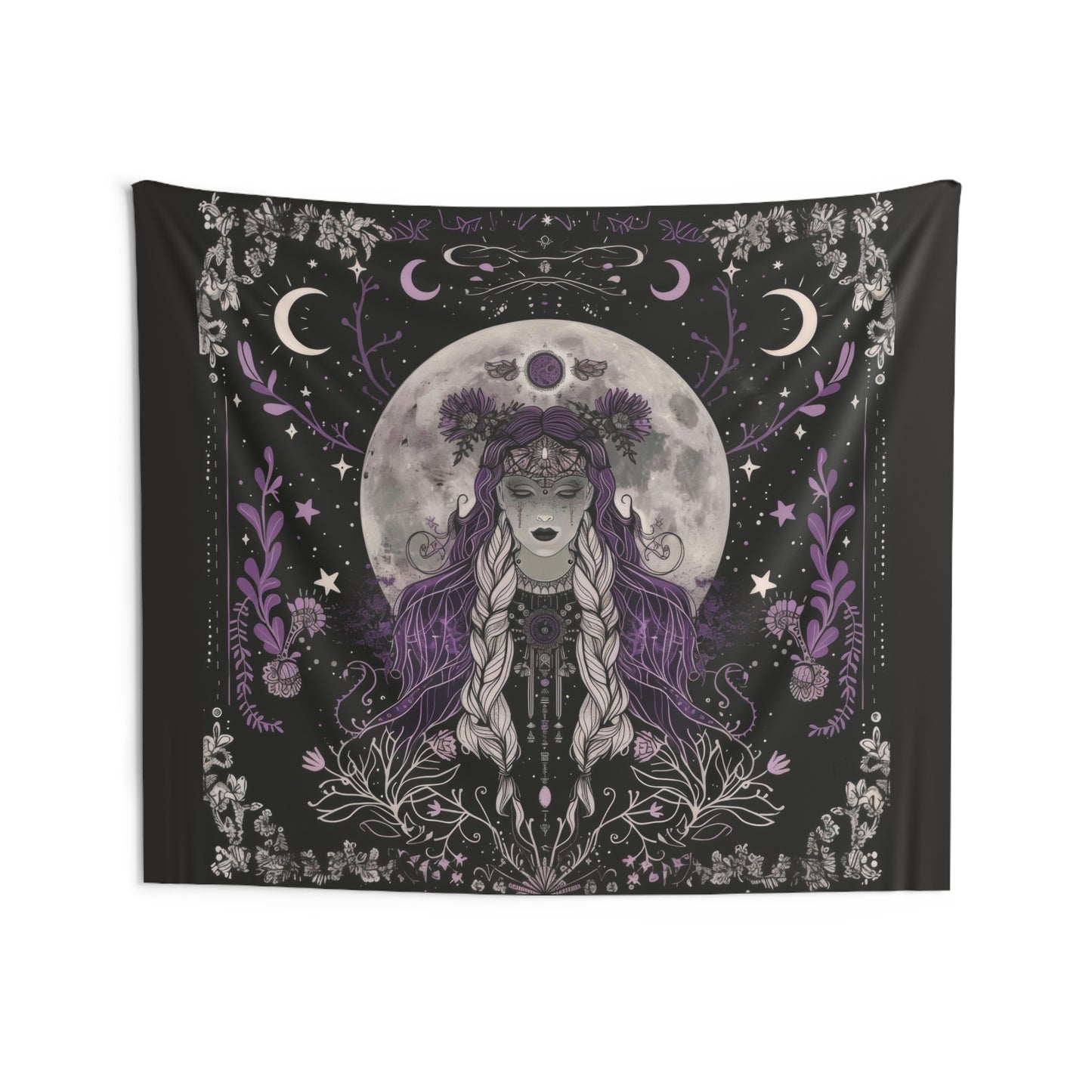 Enchanted Lunar Goddess & Wildflower Wall Tapestry – Mystical Moonlit Decor for Home & Dorm