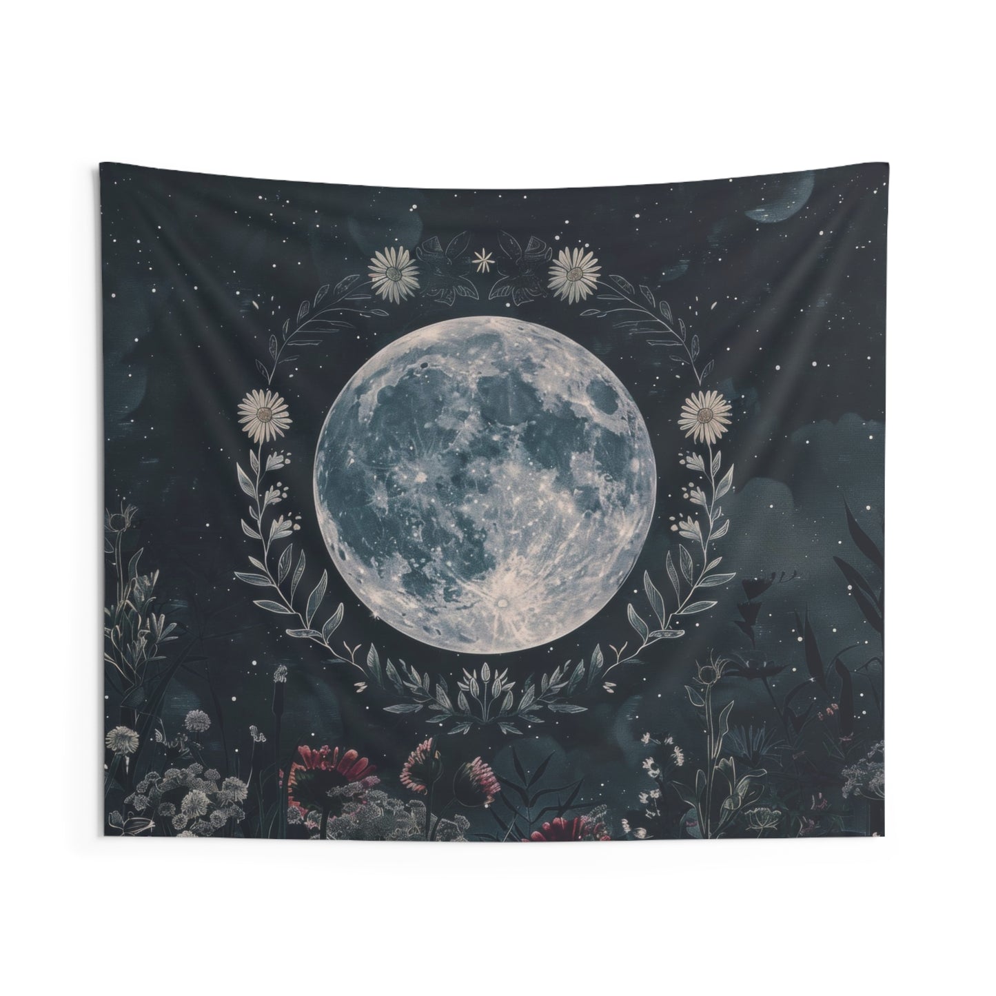 Full Moon & Wildflower Indoor Wall Tapestry, Dark Cottagecore Design, Lunar Lover Gift, Enchanting Decor