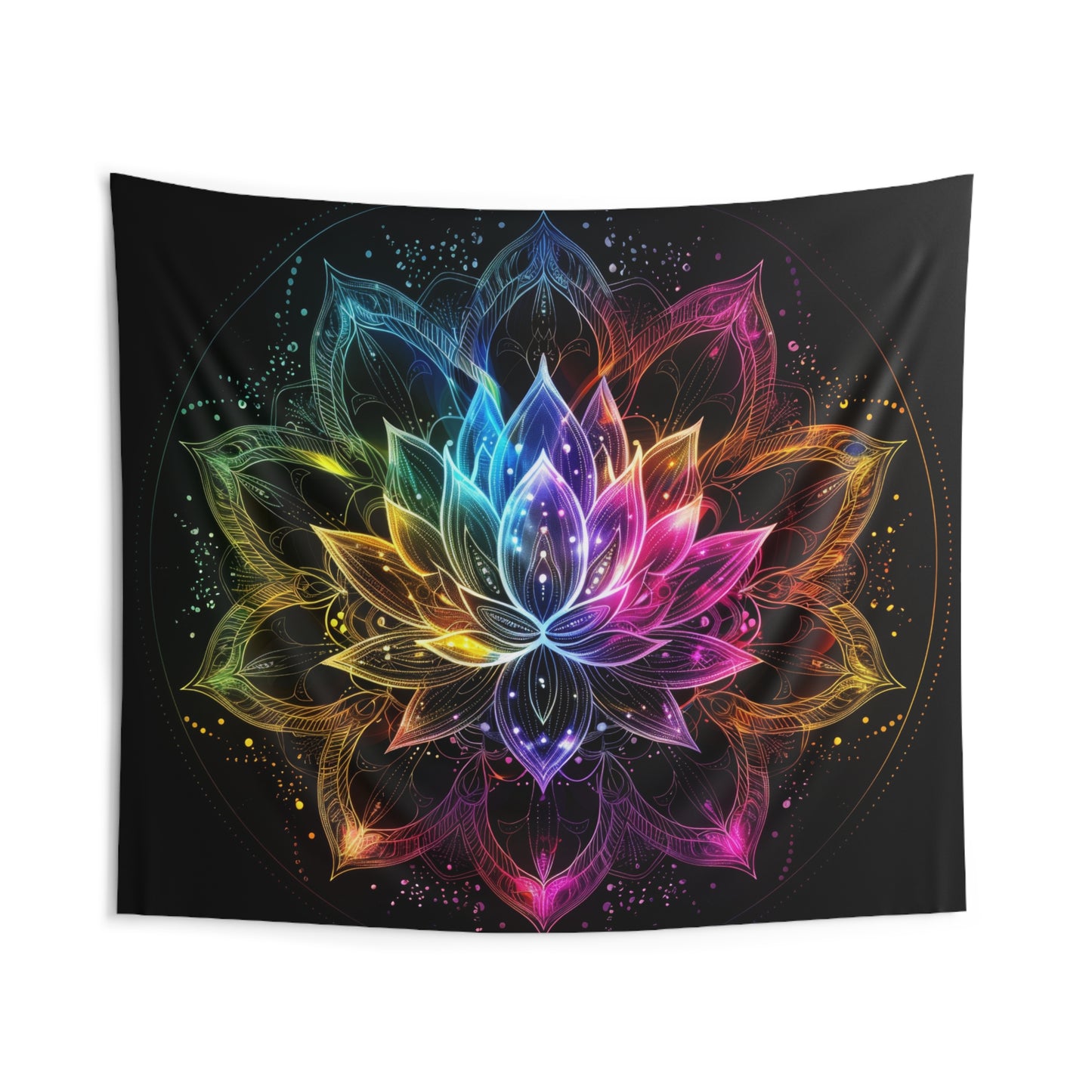Luminous Lotus Indoor Wall Tapestry, Vibrant Energy Motif, Radiant Floral Mandala, Cosmic Bloom Design, Ethereal Color Spectrum Wall Art