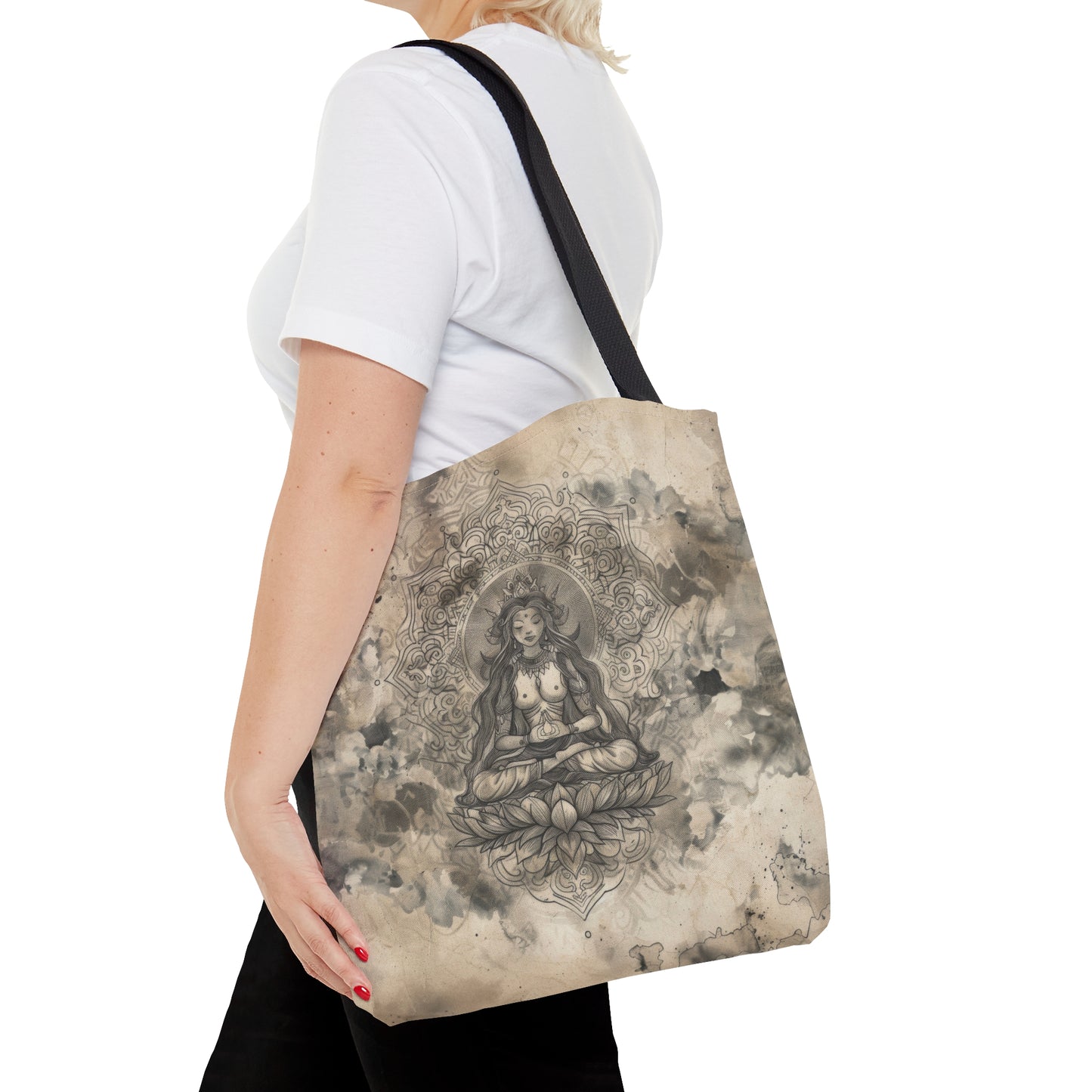 Air Goddess Polyester Tote Bag (Double Sided), Zen Nature Aesthetic, Sacred Geometry Style Fashion, 3 Sizes, Black Handles