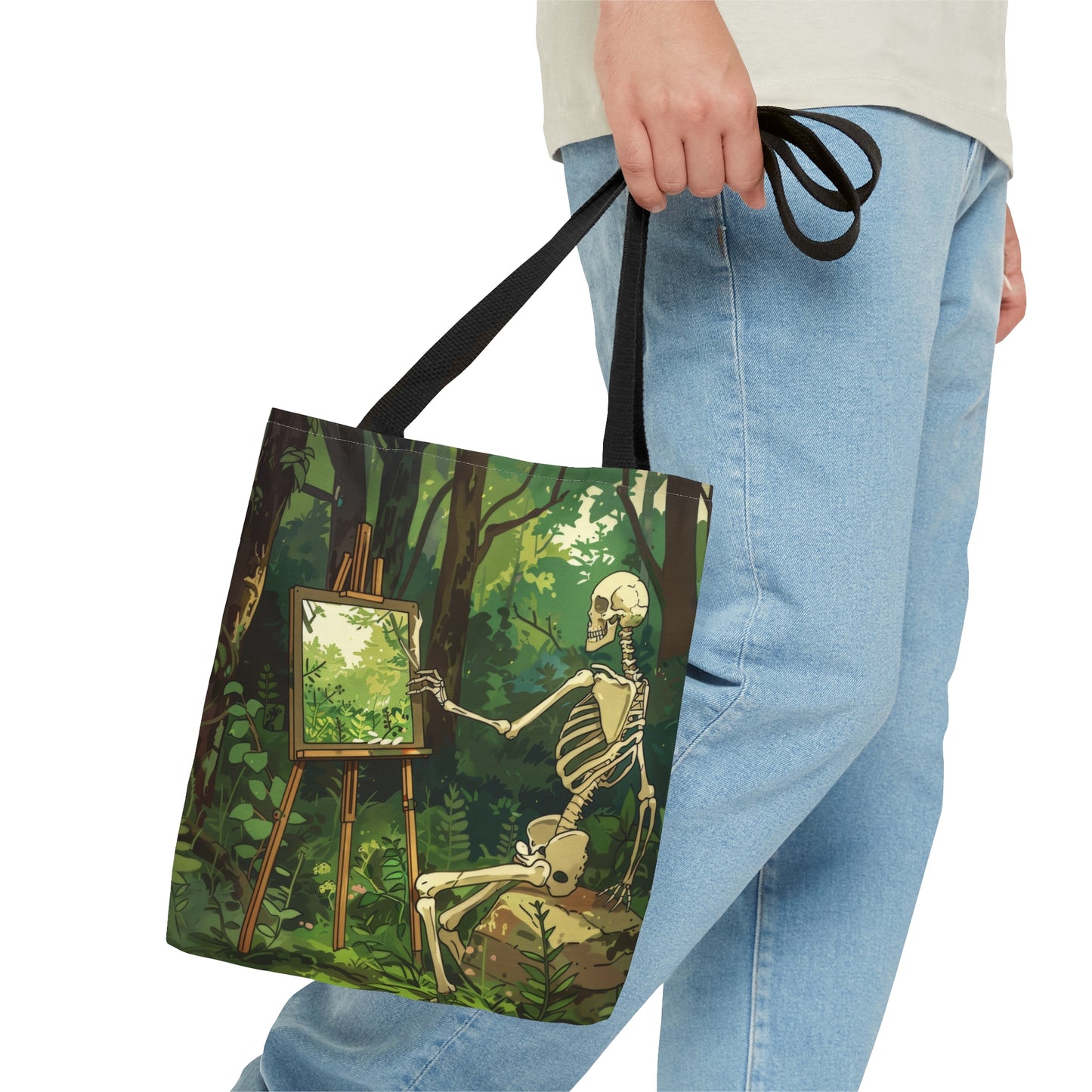 Skeleton Painting Landscape Polyester Tote Bag (Double Sided), Dark Cottagecore Design, Gothic Folk Style Fashion, 3 Sizes, Black Handles