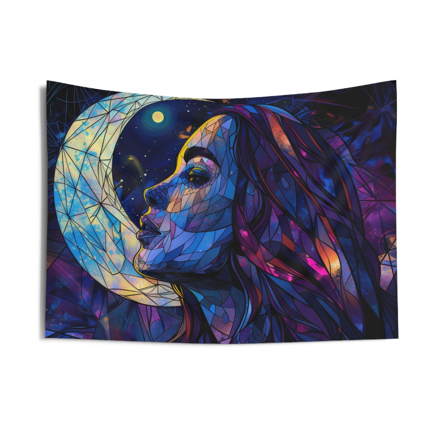 Starry-Eyed Lunar Goddess Stained Glass Wall Tapestry, Celestial Charm Decor, Enigmatic Beauty for Contemplative & Mystical Spaces