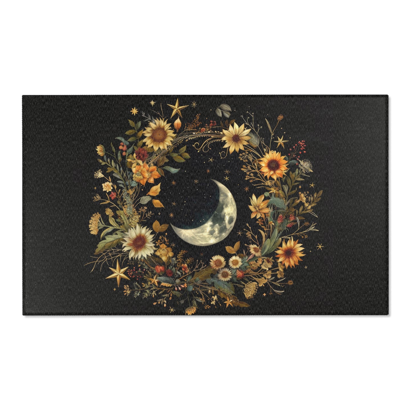 Crescent Moon & Wildflower Mandala Polyester Chenille Area Rug (3 Sizes), Dark Cottagecore Design, Witchy Lunar Aesthetic Room Decor