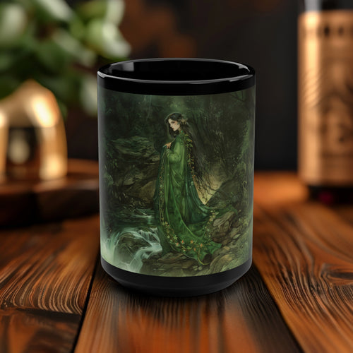 Danu's Enchanted Forest 15oz Black Ceramic Mug, Celtic Mother Goddess Essence, Verdant Woodland Serenity Sip