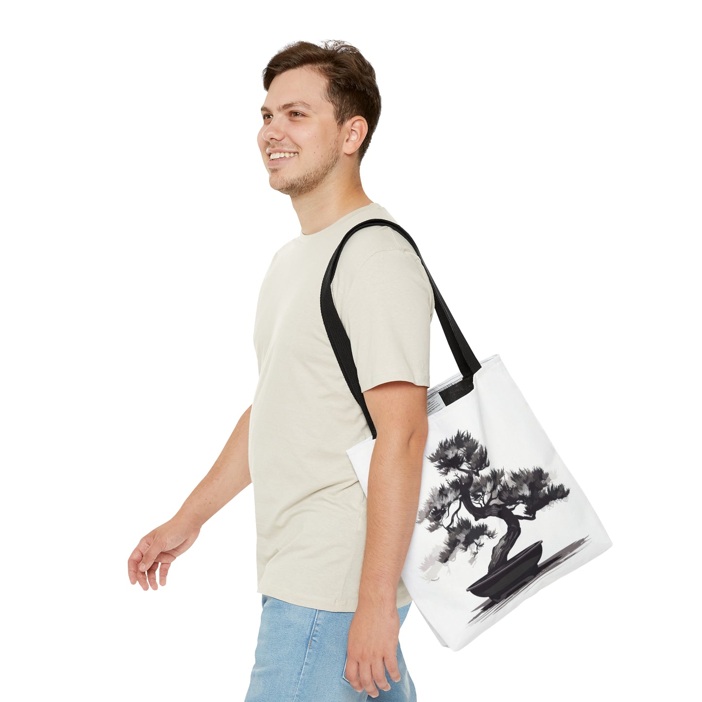 Chinese Ink Style Bonsai Tree Double Sided Tote Bag, Simple Minimalist Aesthetic, Zen Nature Fashion Style, Black Handles, 3 Sizes