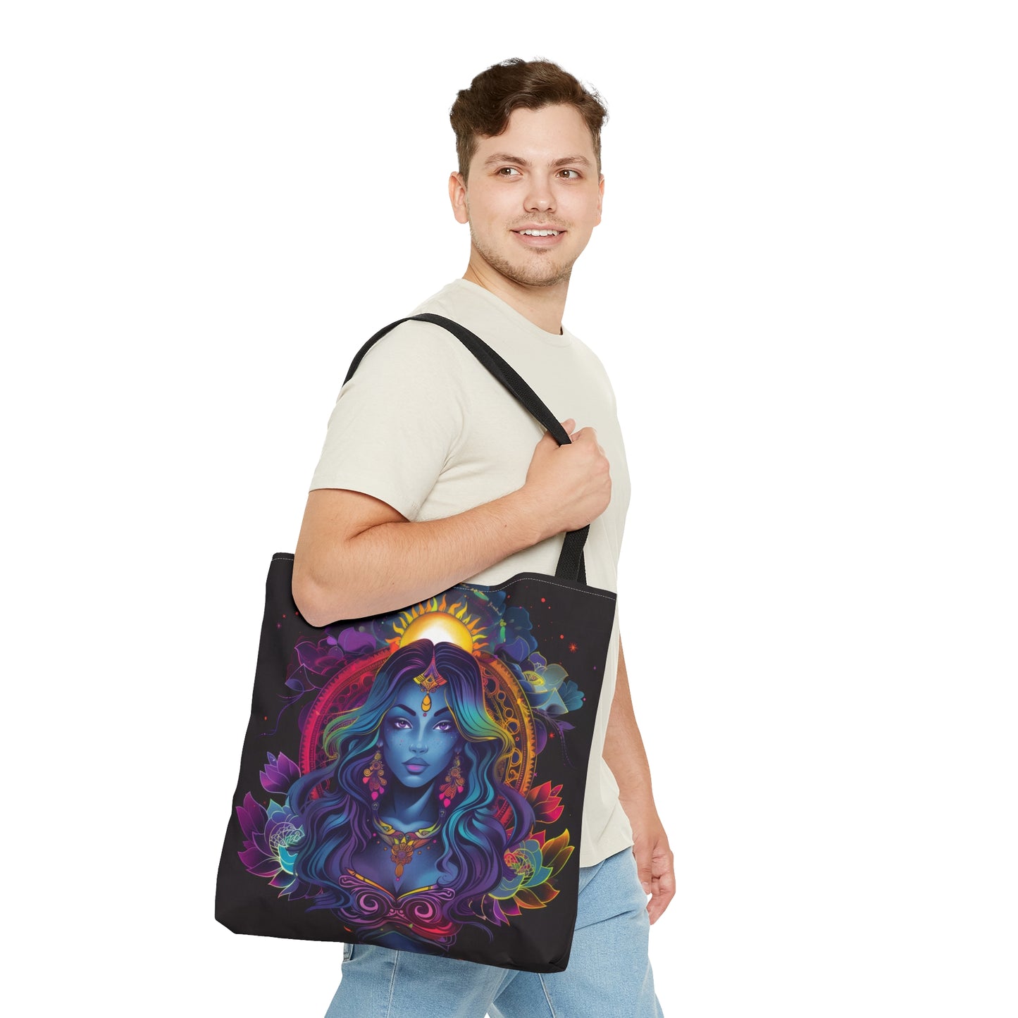 Cosmic Goddess Polyester Tote Bag (Double Sided), Electric Mandala Aesthetic, Galactic Neon Style Fashion, 3 Sizes, Black Handles