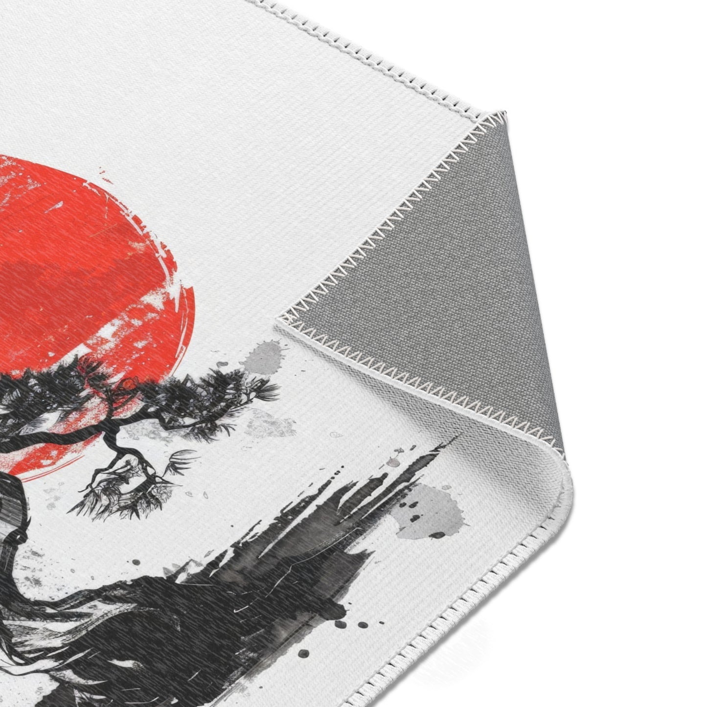 Traditional Chinese Bonsai & Red Sun Chenille Area Rug, Elegant Ink Wash Style Art, Serene Zen Decor for Home, Bedroom, Living Space, and Dorms