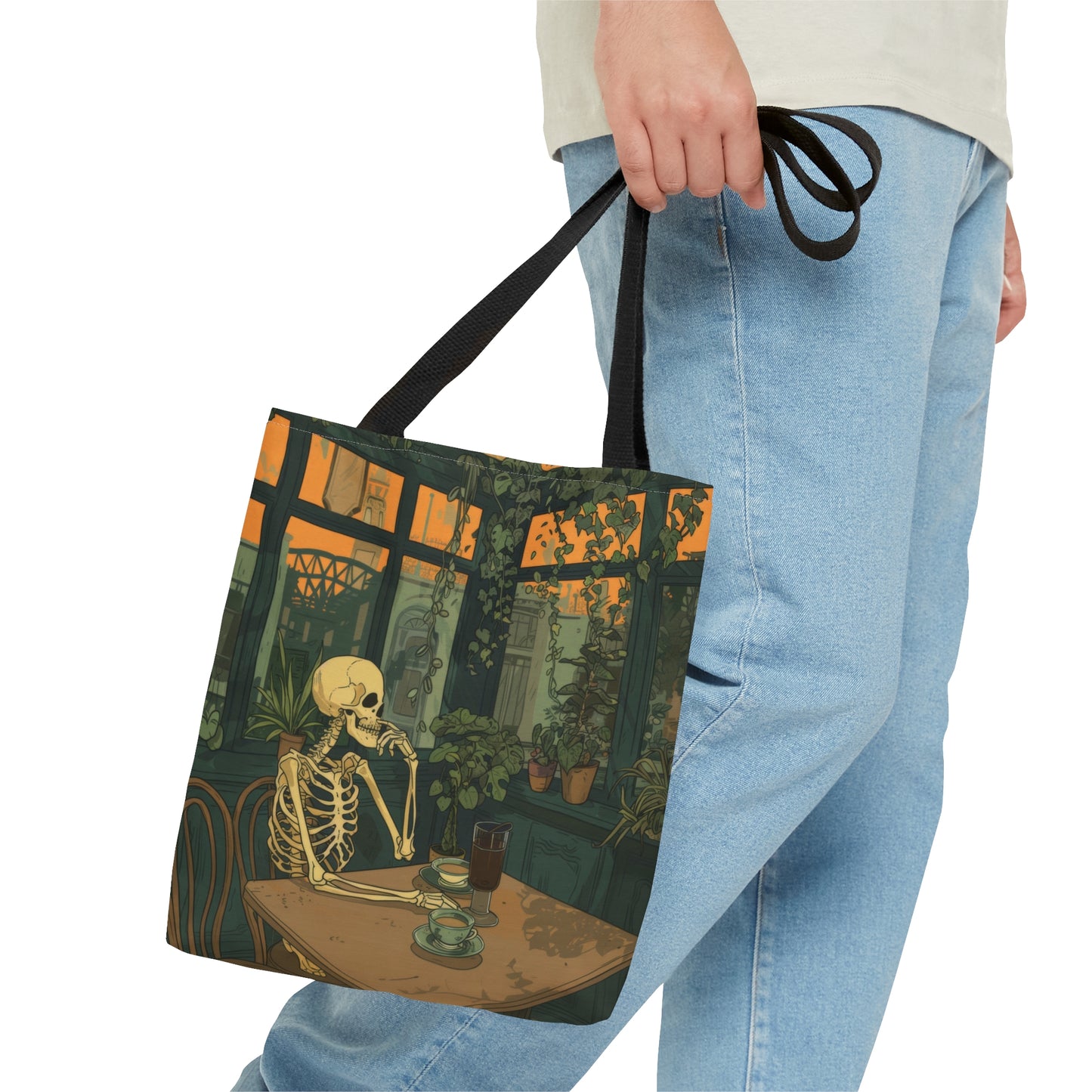 Skeleton Drinking Coffee in Paris Cafe Polyester Tote Bag (Double Sided), Cottagecore Design, Cozy Romantic Style Fashion, 3 Sizes, Black Handles