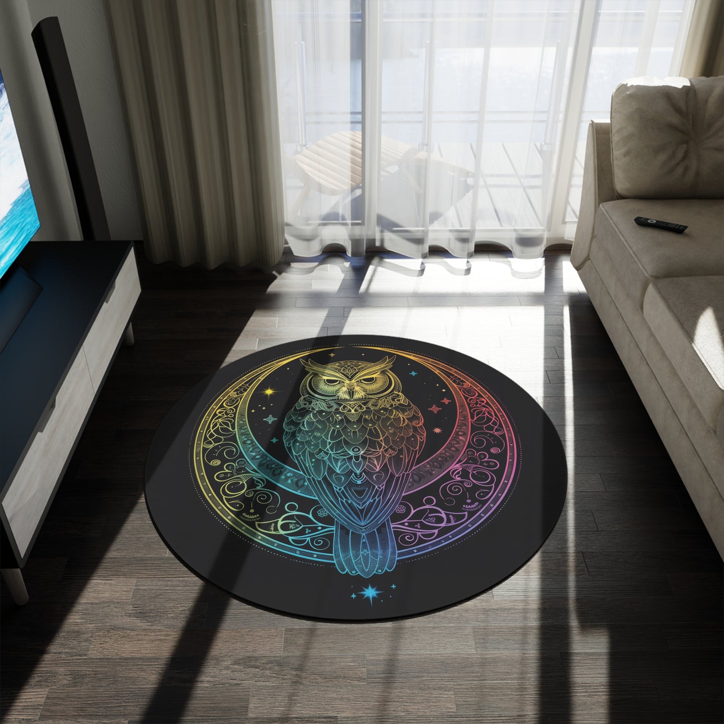 Lunar Sentinel Owl Round Chenille Area Rug, Moonlit Avian Emblem, Cosmic Wisdom Design, Starry Night and Lunar Motif, Mystical Moonlit Decor