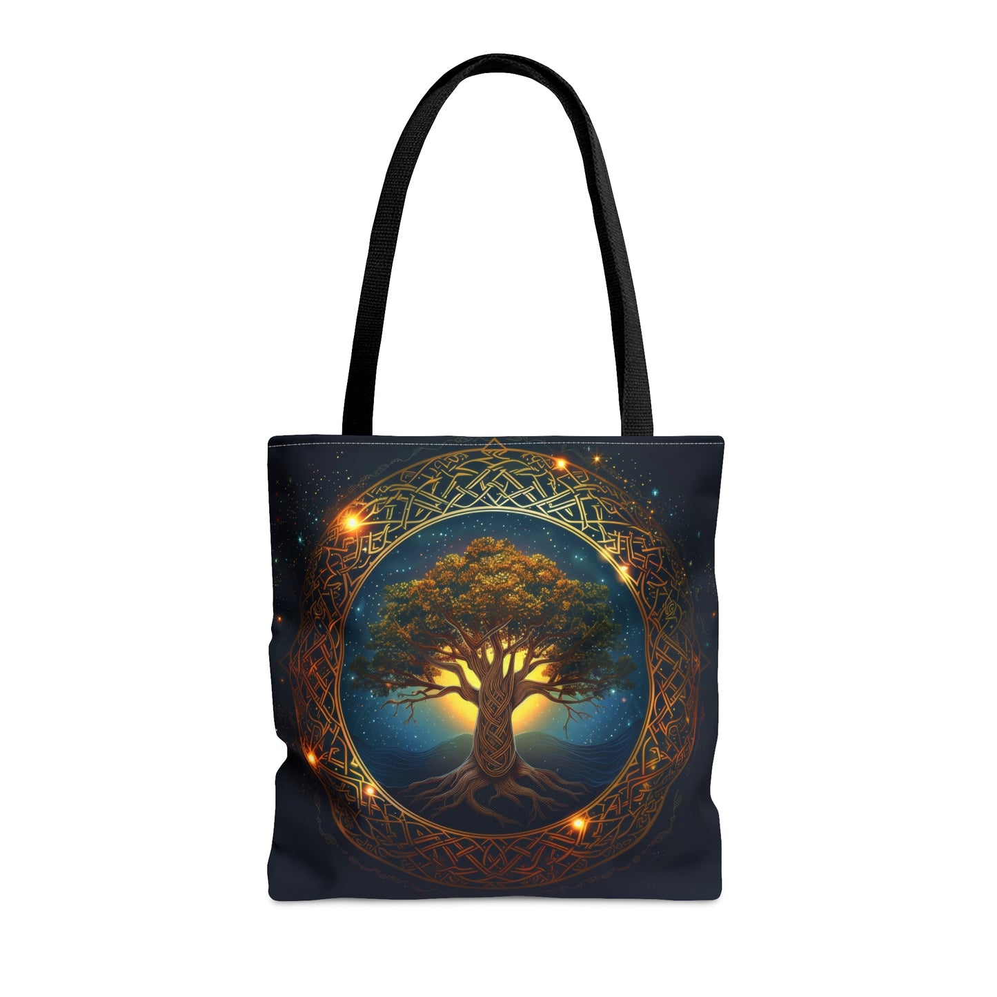 Celtic Tree of Life Mandala Double Sided Tote Bag, Ancient Occult Aesthetic, Folk Nature Fashion Style, 3 Sizes, Black Handles