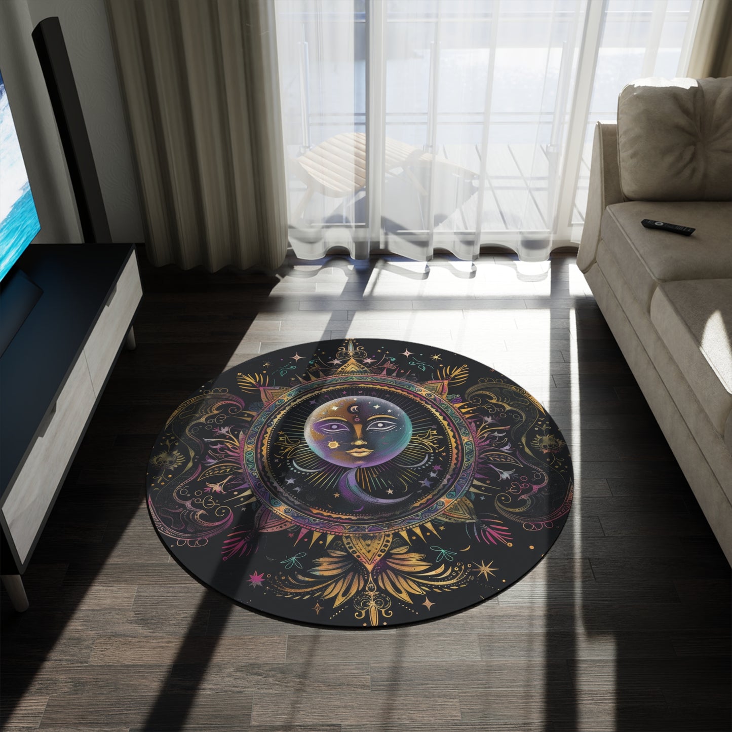 Rainbow Neon Sun & Moon Chenille Round Area Rug, Celestial Cosmic Design, Colored Chalk Bedroom, Living and Meditation Space Decor