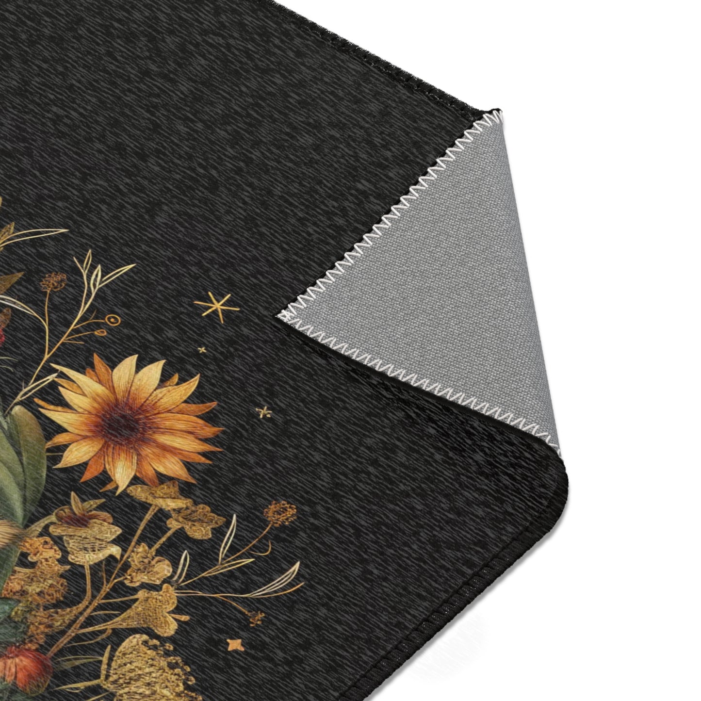 Crescent Moon & Wildflower Mandala Polyester Chenille Area Rug (3 Sizes), Dark Cottagecore Design, Witchy Lunar Aesthetic Room Decor
