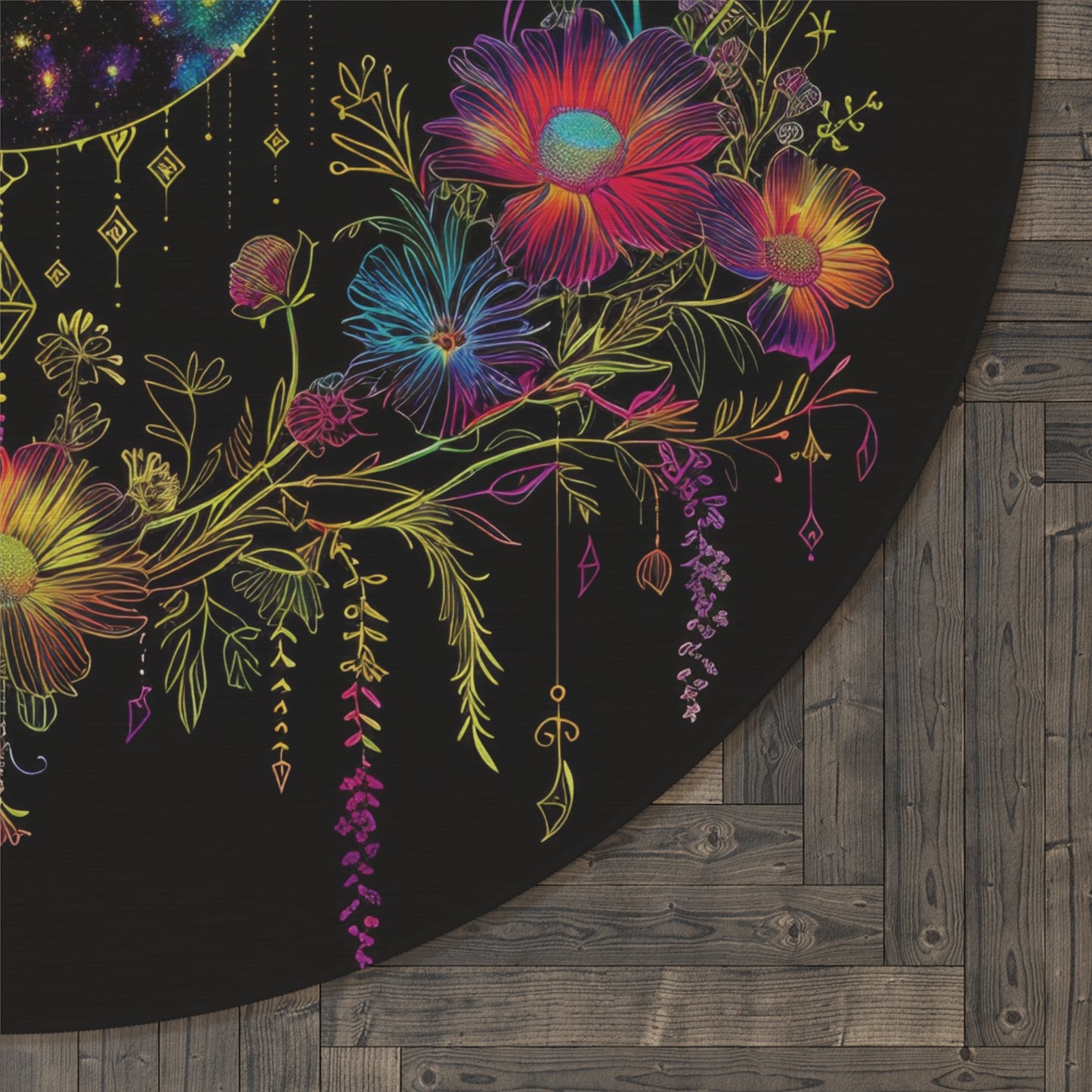 Celestial Garden Round Chenille Area Rug, Cosmic Bloom Aesthetic, Moonlit Floral Symphony, Starlit Wilderness Design, Galactic Botanical Decor