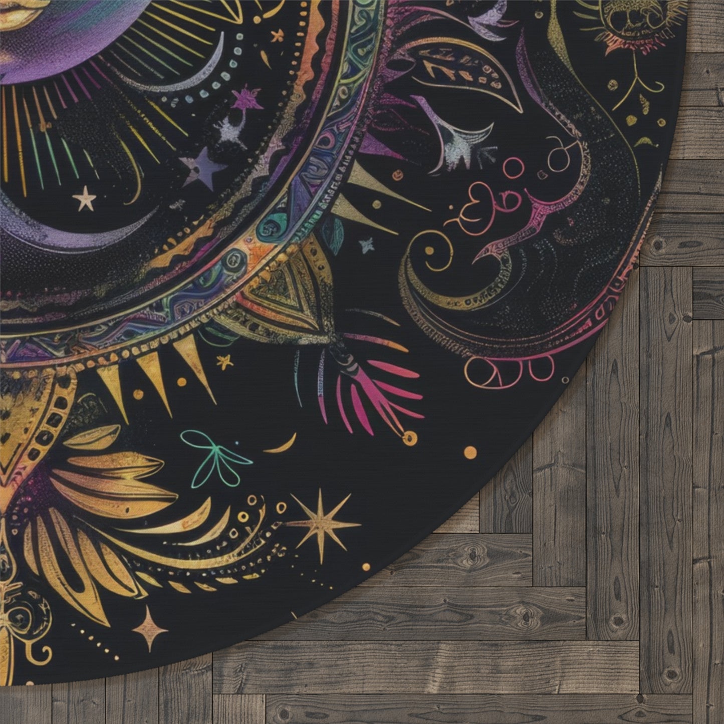 Rainbow Neon Sun & Moon Chenille Round Area Rug, Celestial Cosmic Design, Colored Chalk Bedroom, Living and Meditation Space Decor