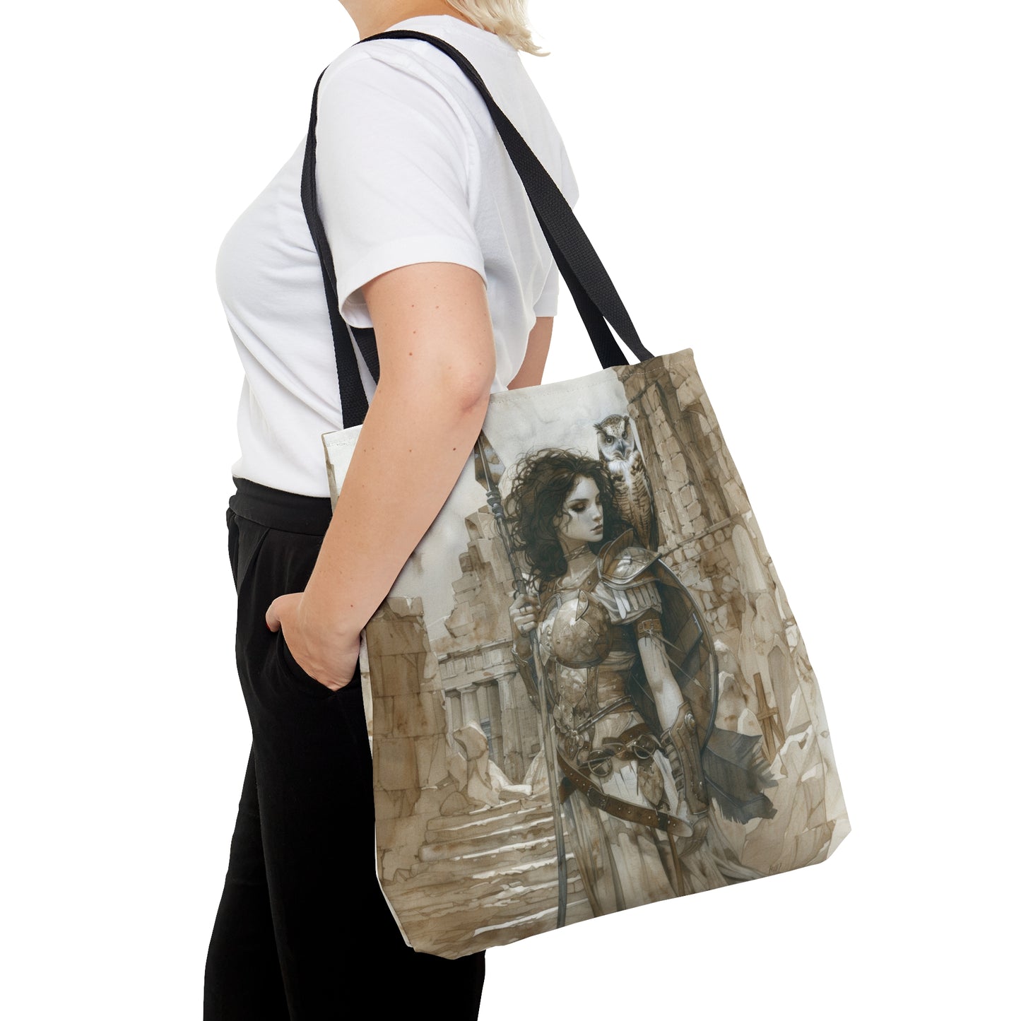 Athena's Wisdom Tote Bag, Dual-Sided Greek Warrior Goddess, Owl Sentinel, Mythic Elegance, Versatile Fashion Accessory