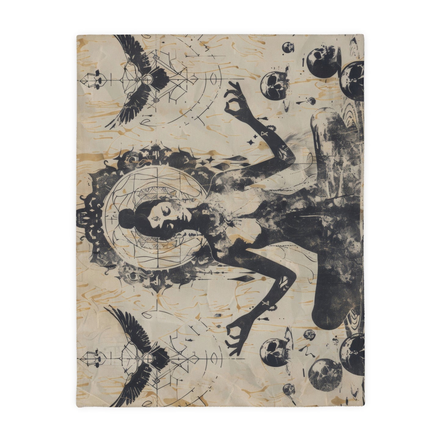 Death Goddess Two-Sided Throw Blanket, Mystical Occult Design, Sacred Geometry Aesthetic, Enchanting Bedroom and Living Room Decor