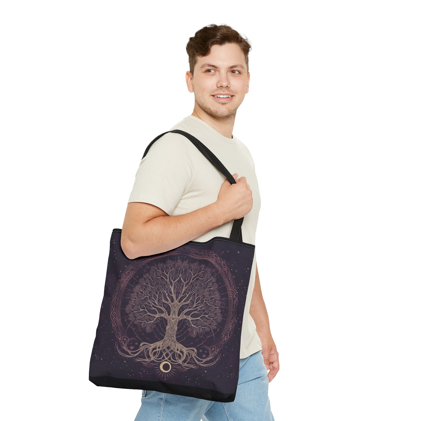 Mystic Purple Tree of Life Mandala Tote Bag – Dark Occult and Nature-Inspired Fashion, with Black Handles