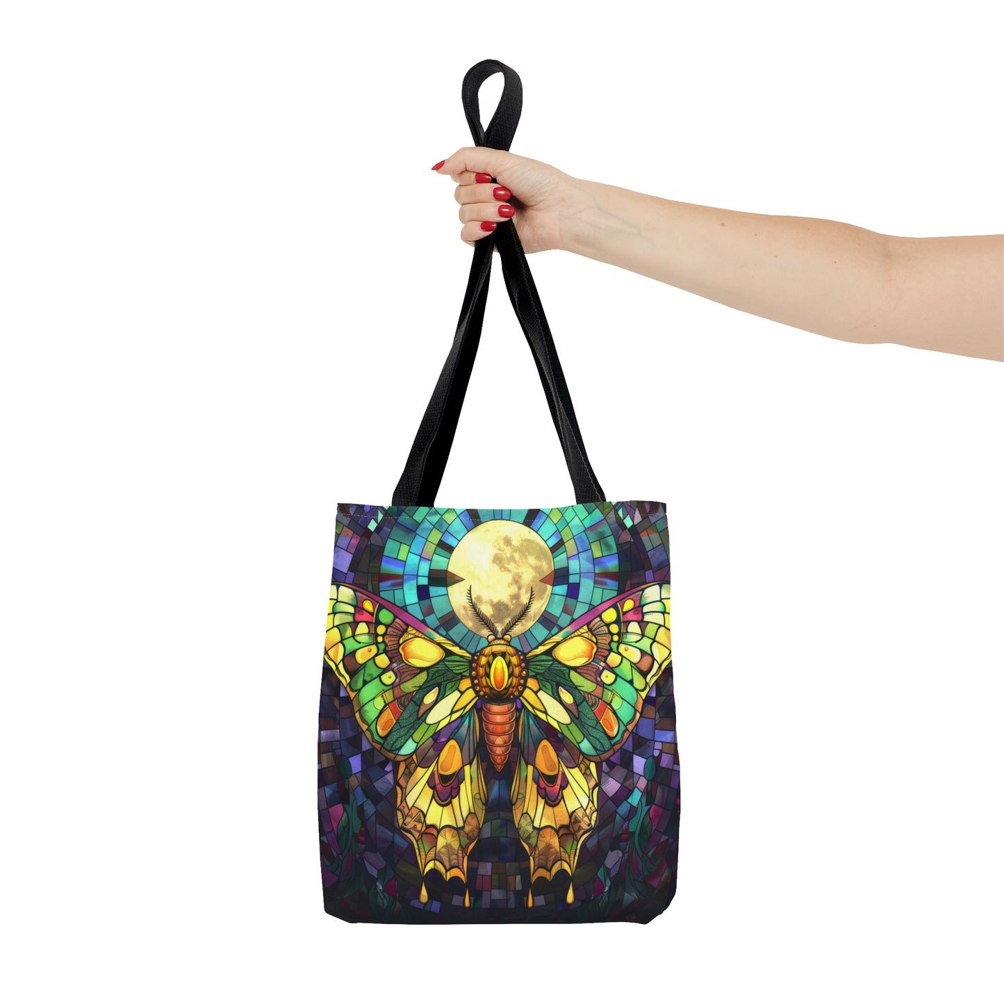 Mystic Moth & Moonlight Stained Glass Tote Bag, Enchanted Insect Design, Vibrant Accessory with Black Handles for Unique Style Statements