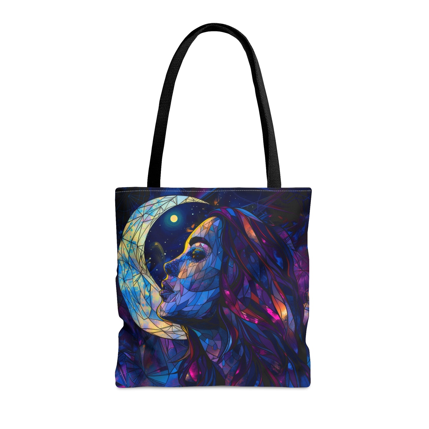 Celestial Lunar Goddess Stained Glass Tote Bag, Ethereal Night Sky Design, Artistic Carryall with Black Handles for Daily Use & Inspiration