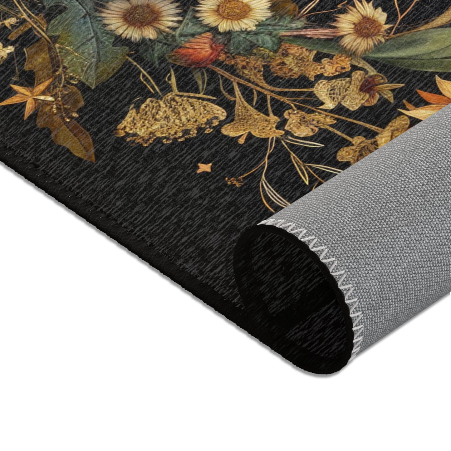 Crescent Moon & Wildflower Mandala Polyester Chenille Area Rug (3 Sizes), Dark Cottagecore Design, Witchy Lunar Aesthetic Room Decor