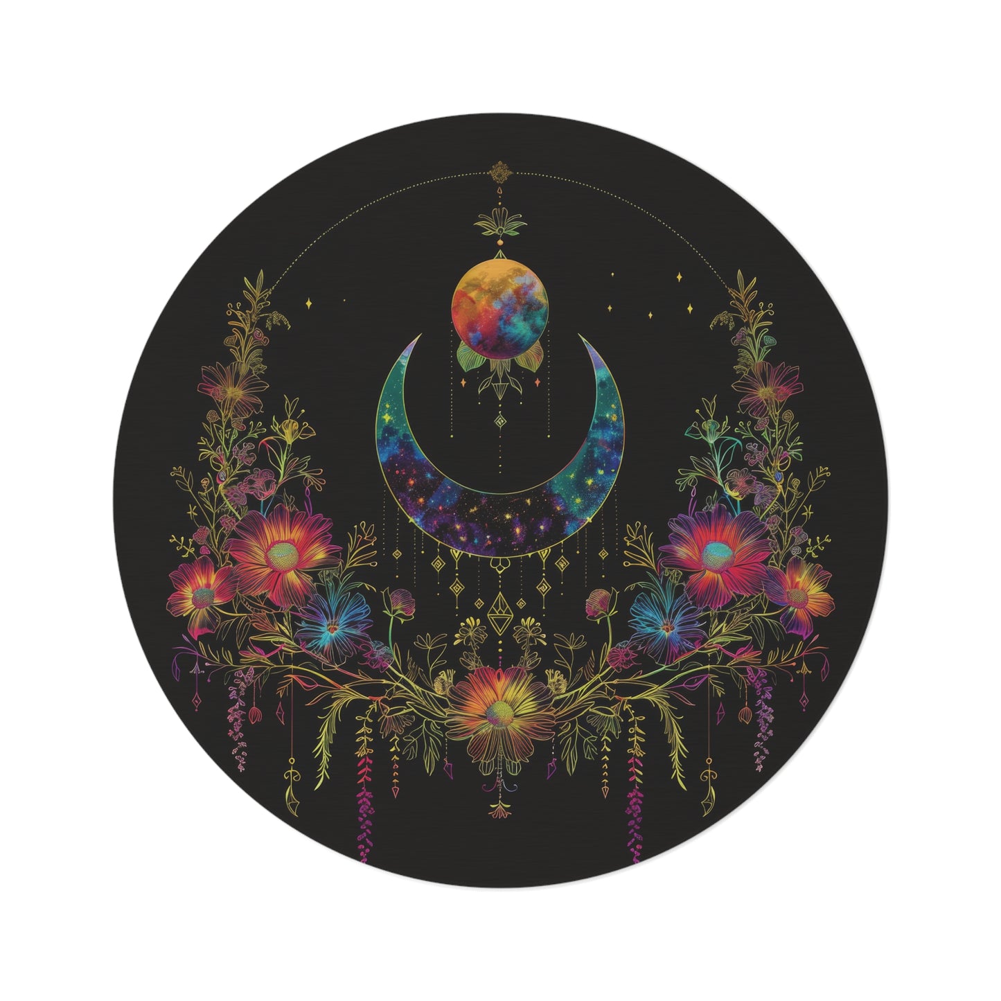 Celestial Garden Round Chenille Area Rug, Cosmic Bloom Aesthetic, Moonlit Floral Symphony, Starlit Wilderness Design, Galactic Botanical Decor