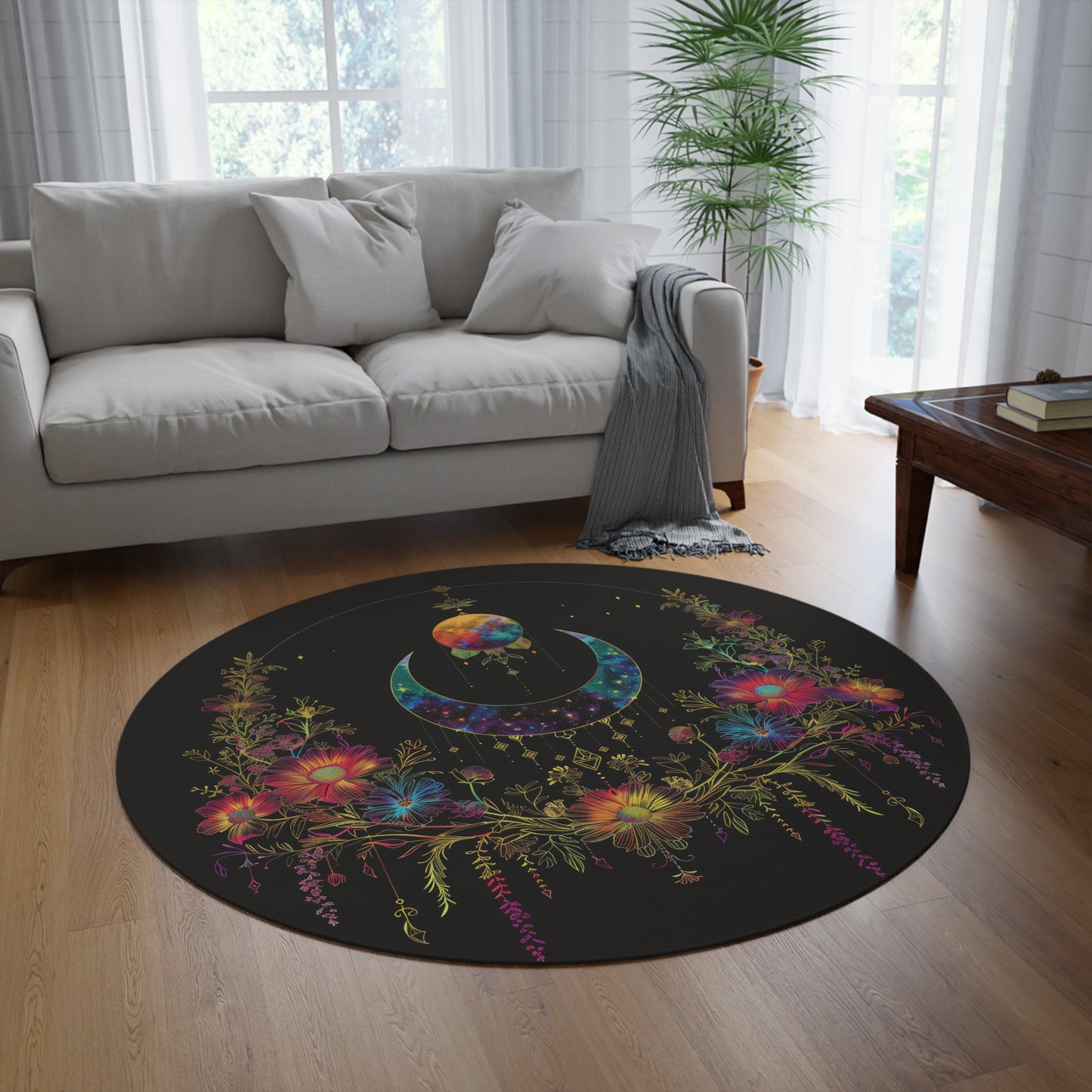 Celestial Garden Round Chenille Area Rug, Cosmic Bloom Aesthetic, Moonlit Floral Symphony, Starlit Wilderness Design, Galactic Botanical Decor