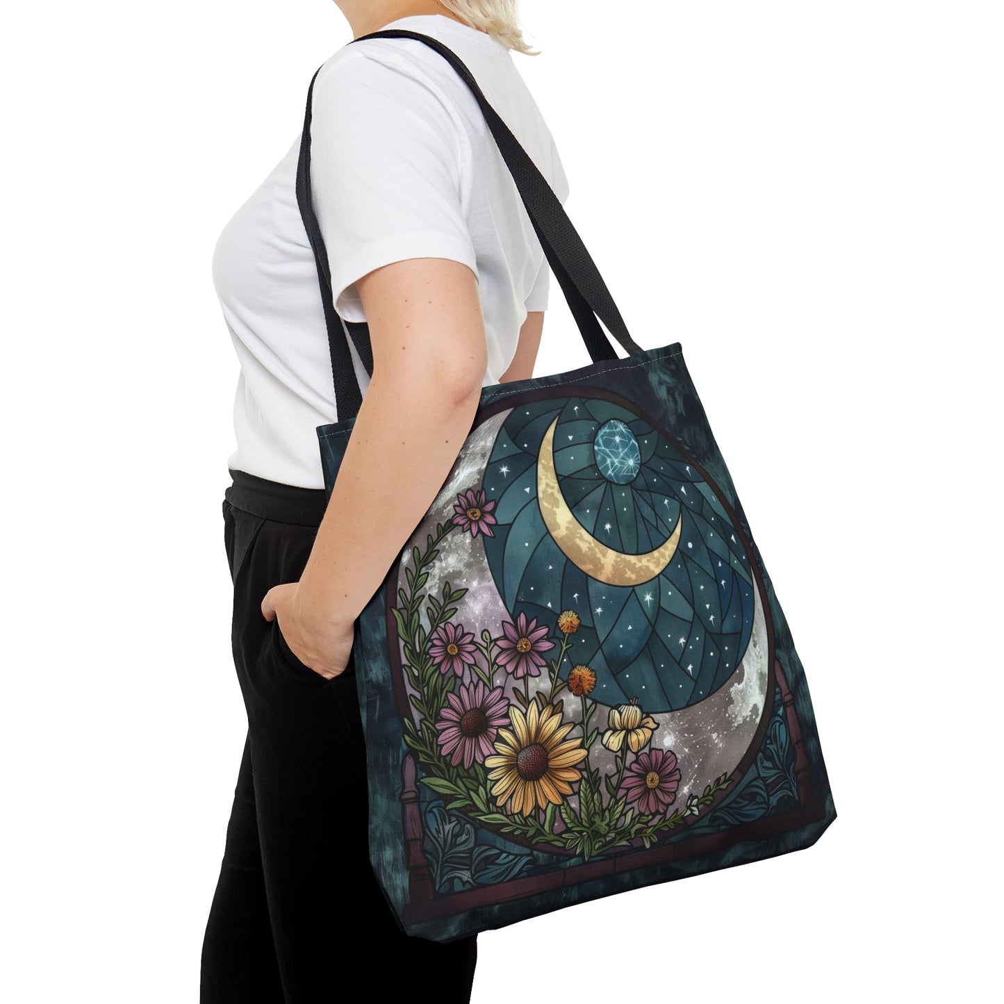 Midnight Bloom & Crescent Moon Stained Glass Tote Bag, Botanical Night Design, Stylish Carryall with Black Handles for Chic Adventures