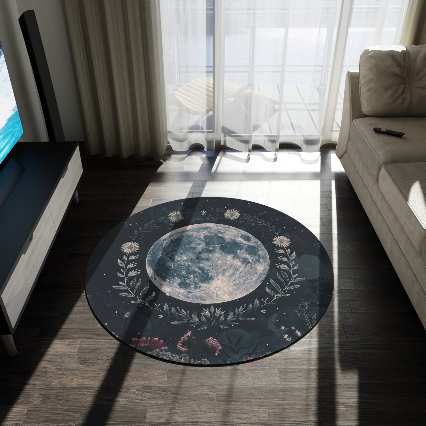 Full Moon & Wildflower Mandala Chenille Rug – Occult-Inspired Decor for Living Room, Bedroom, and Meditation Spaces