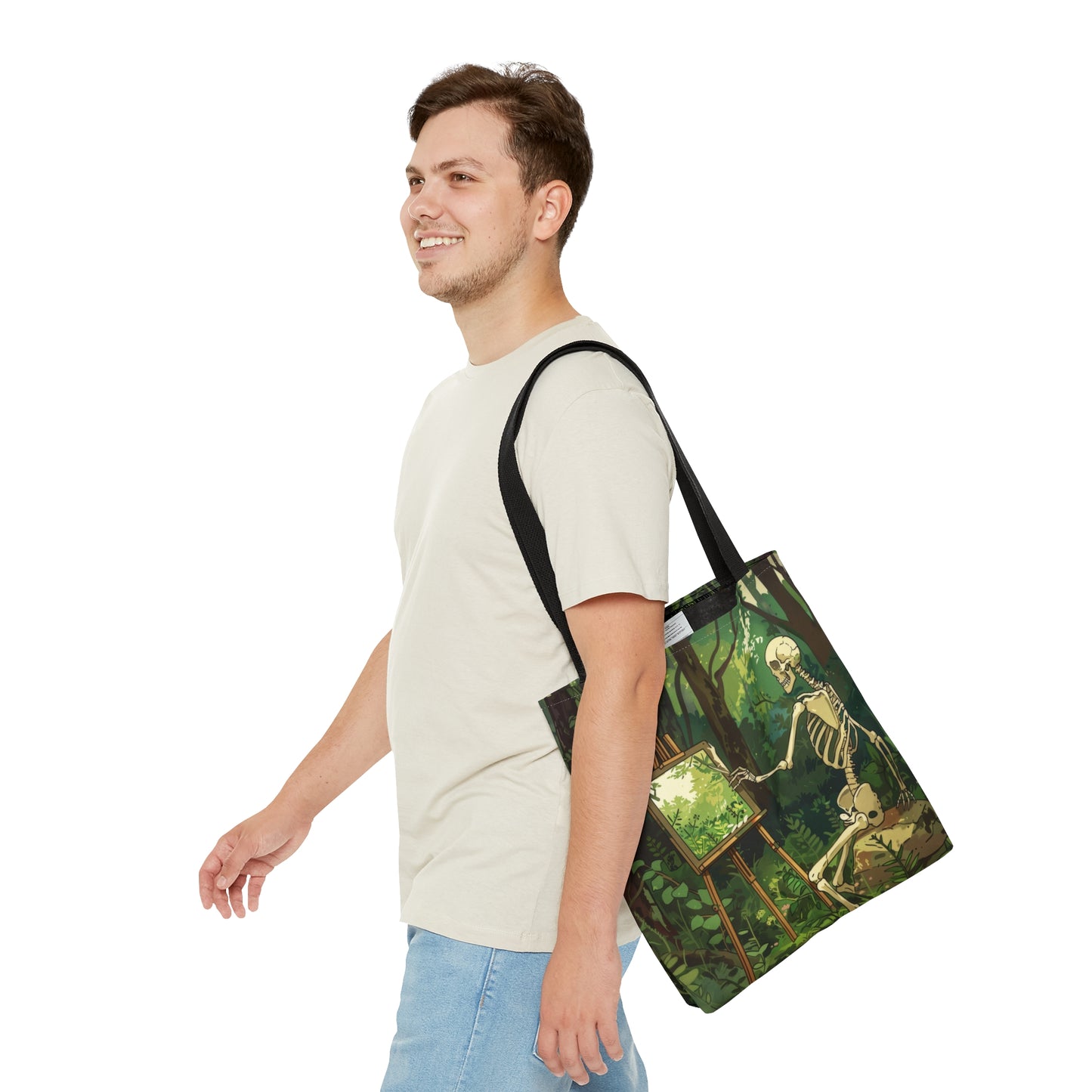 Skeleton Painting Landscape Polyester Tote Bag (Double Sided), Dark Cottagecore Design, Gothic Folk Style Fashion, 3 Sizes, Black Handles