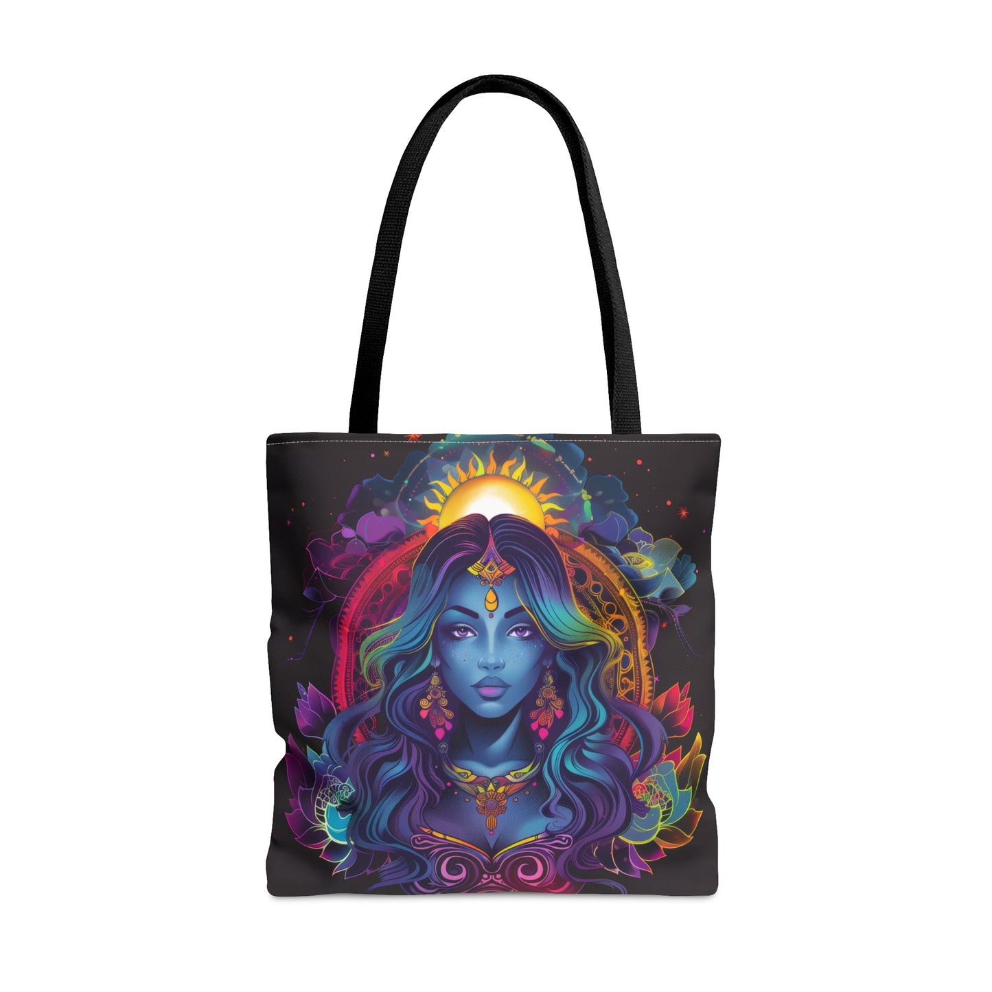 Cosmic Goddess Polyester Tote Bag (Double Sided), Electric Mandala Aesthetic, Galactic Neon Style Fashion, 3 Sizes, Black Handles