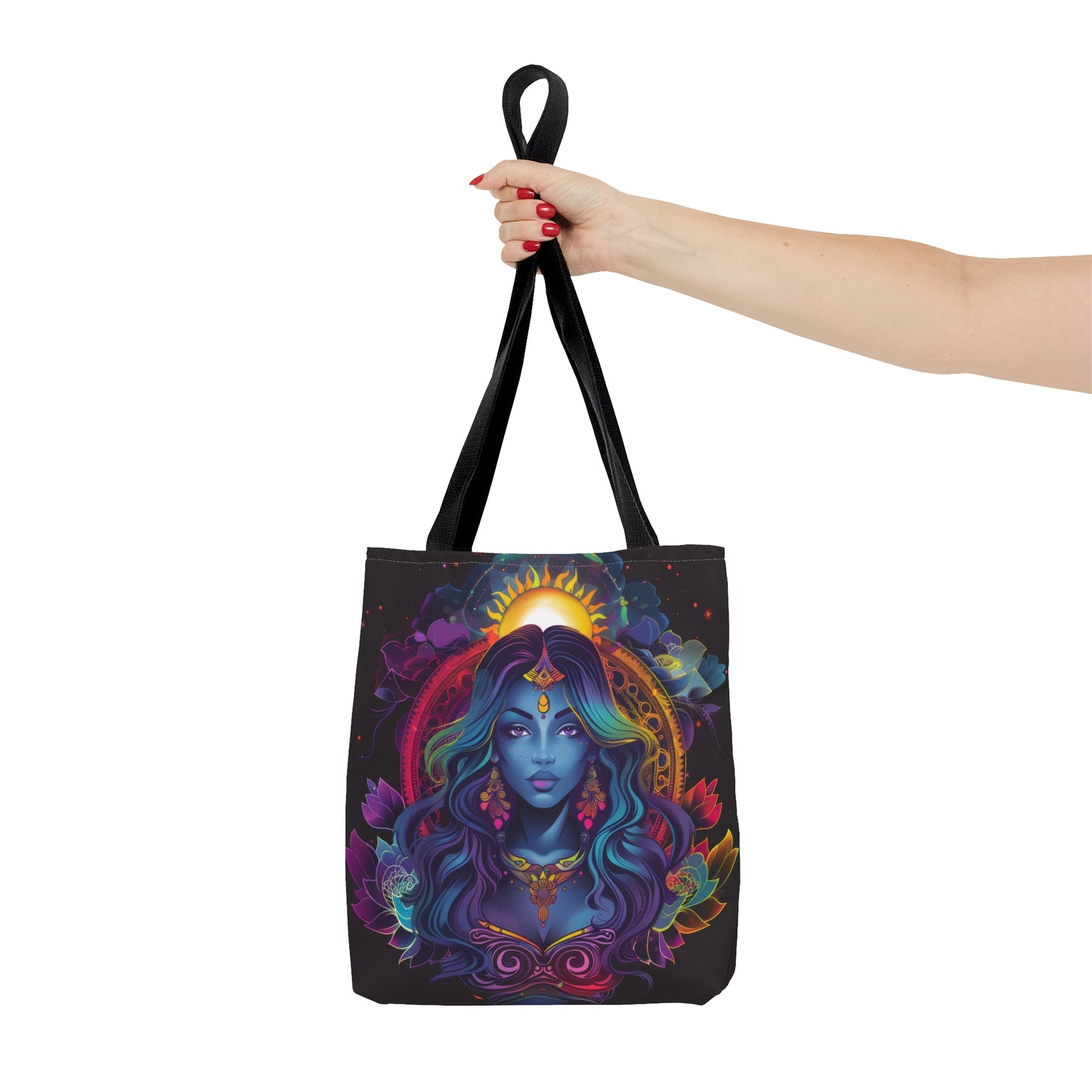 Cosmic Goddess Polyester Tote Bag (Double Sided), Electric Mandala Aesthetic, Galactic Neon Style Fashion, 3 Sizes, Black Handles