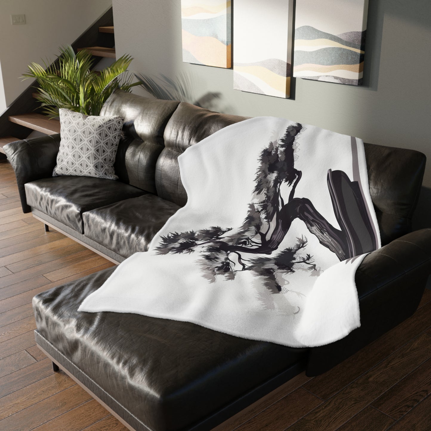 Chinese Ink Style Bonsai Tree Double Sided Throw Blanket, Simple Minimalist Aesthetic, Zen Nature Style Living, Dorm & Bed Room Decor