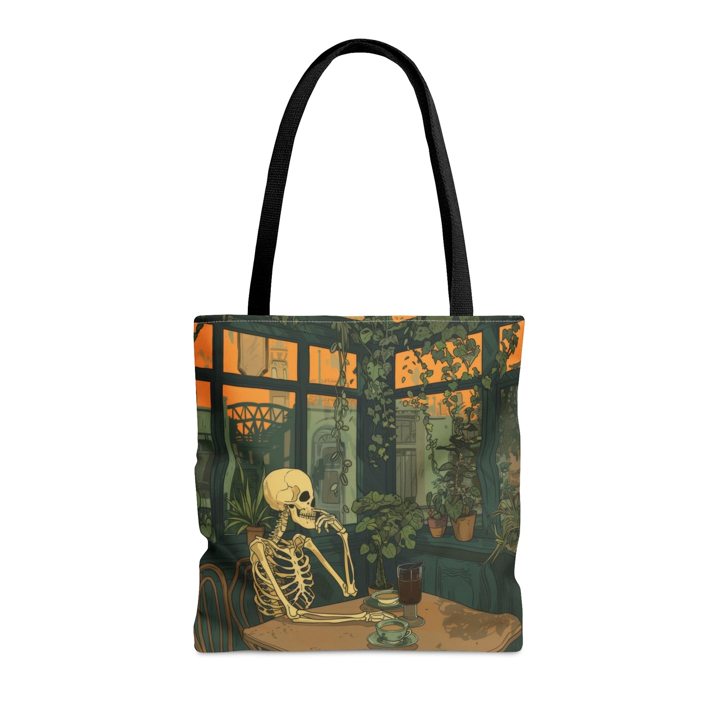 Skeleton Drinking Coffee in Paris Cafe Polyester Tote Bag (Double Sided), Cottagecore Design, Cozy Romantic Style Fashion, 3 Sizes, Black Handles