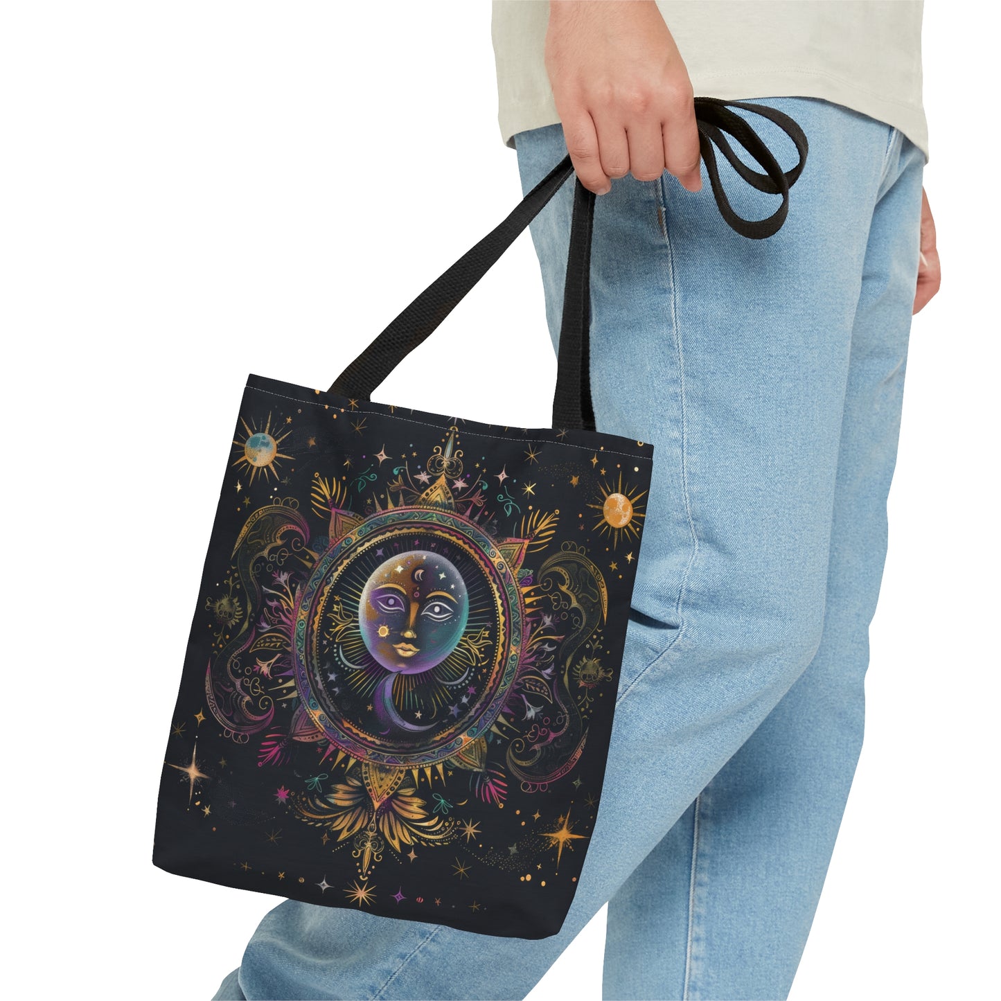 Rainbow Sun Electric Mandala Polyester Tote Bag (Double Sided), Colored Chalk Style, Sacred Geometry Designed Fashion, 3 Sizes, Black Handles