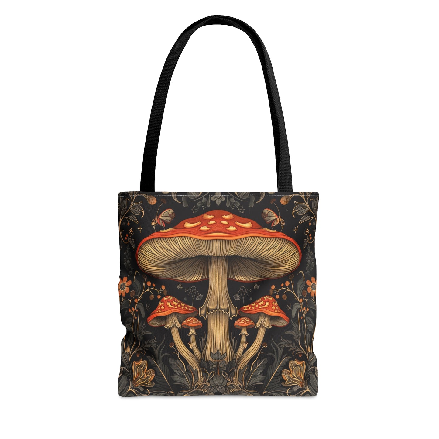 Enchanted Forest Mushroom & Wildflower Polyester Tote Bag (Double Sided) - Dark Cottagecore Charm, 3 Sizes, with Black Handles