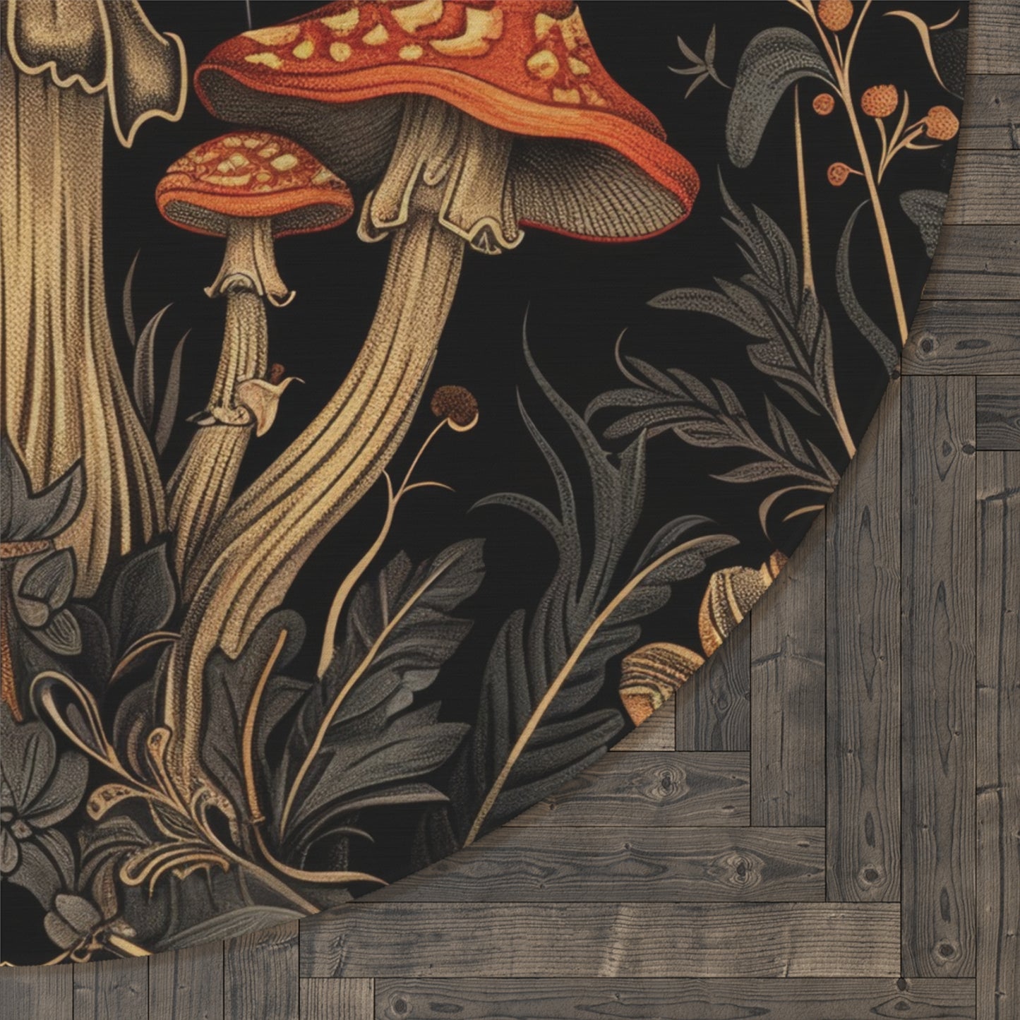 Mushrooms & Wildflowers Chenille Round Area Rug, Mystical Folk Design, Dark Cottagecore Bedroom, Living and Meditation Space Decor