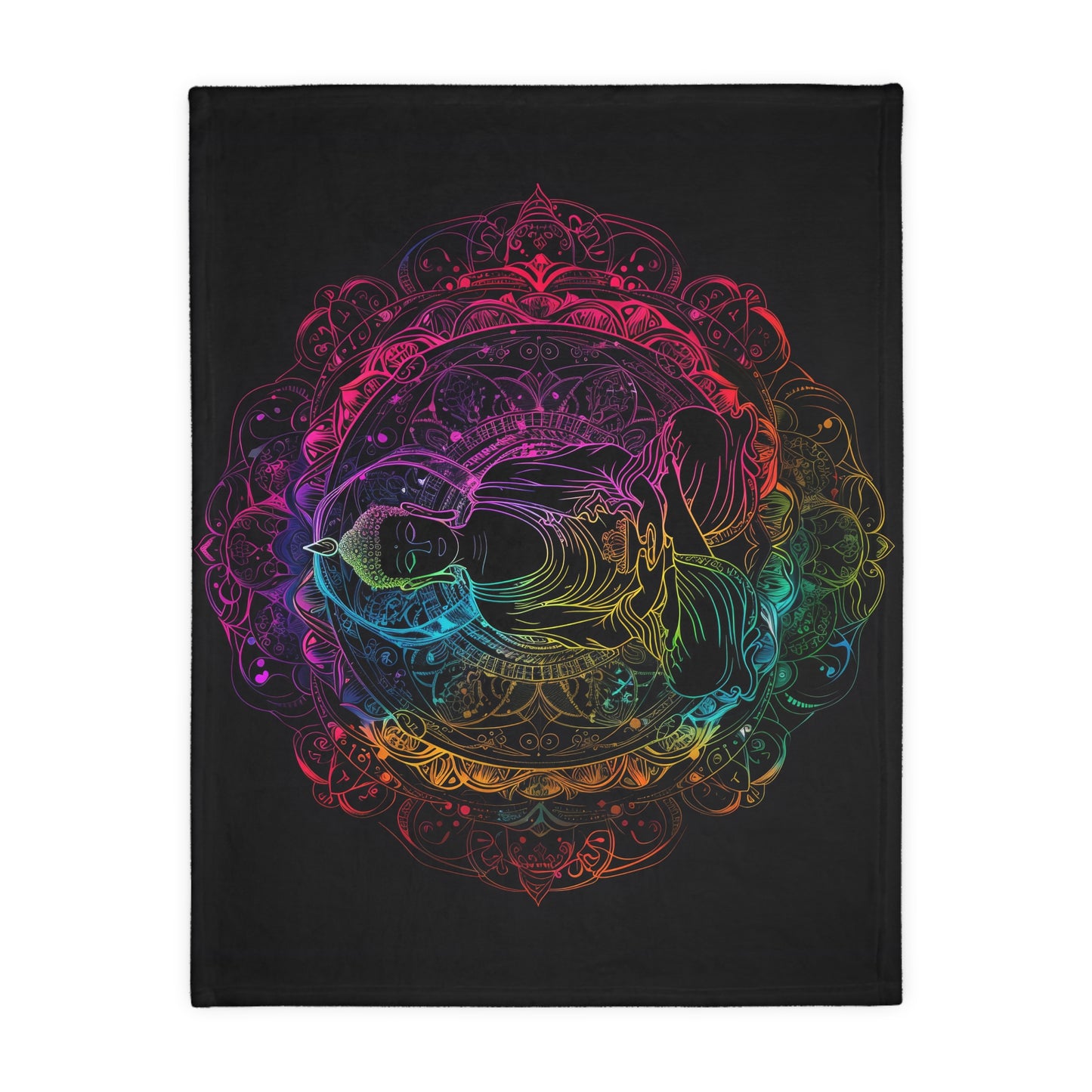 Buddha's Serene Mandala Double-Sided Throw Blanket, Neon Enlightenment Motif, Spiritual Radiance, Zen Circle Design, Vibrant Meditation Art